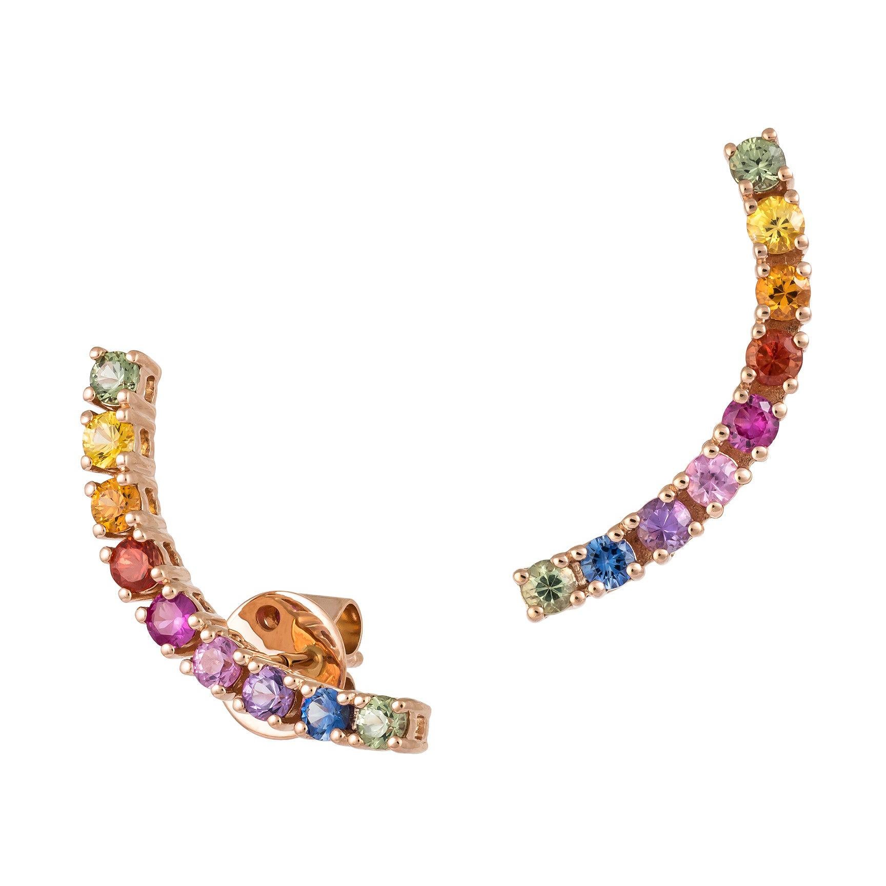 Boucles d'oreilles manchette à la mode en or rose 18 carats avec plusieurs saphirs et diamants, style pour elle