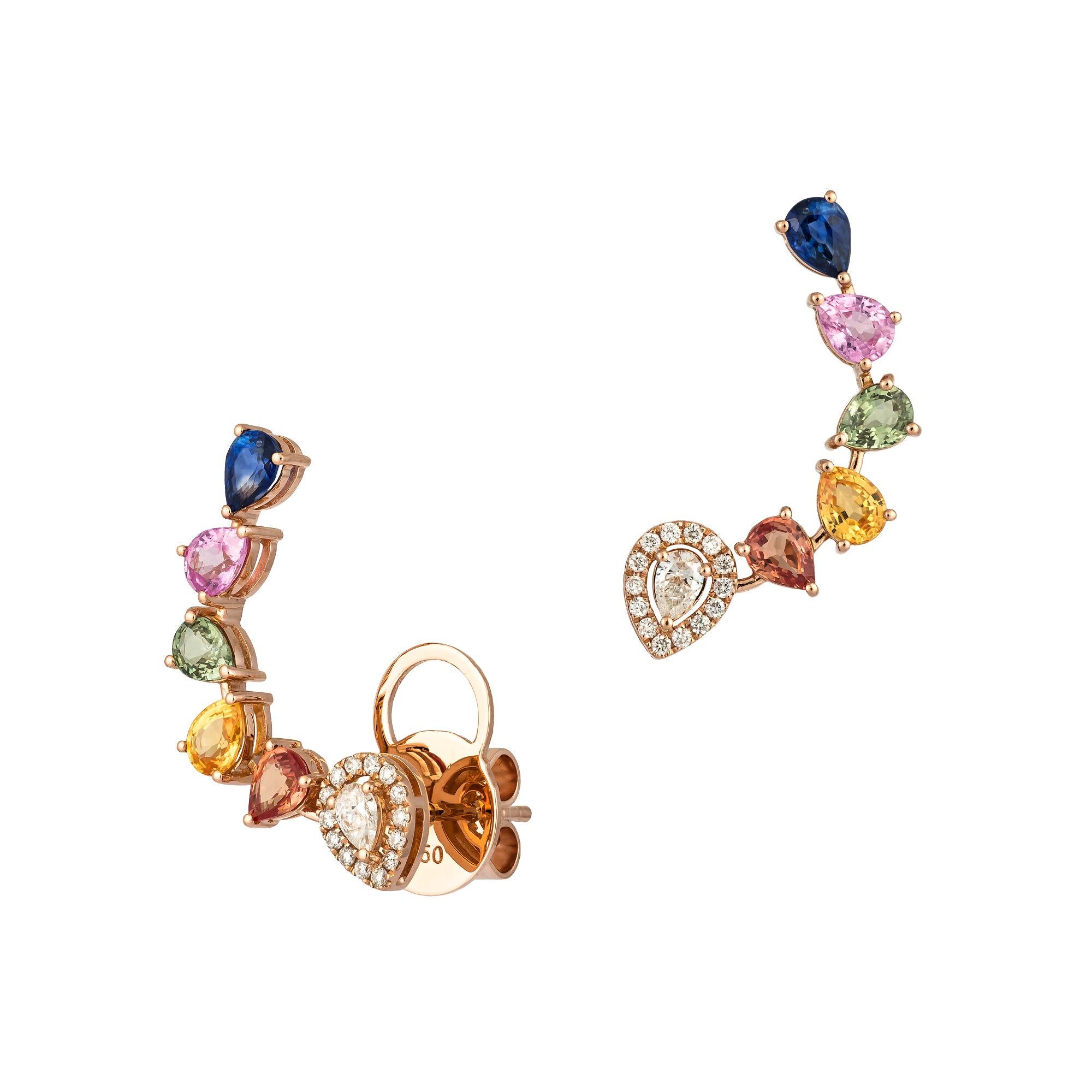 Modische Mode Multi-Saphir-Diamant-Ohrringe 18k Weißgold Manschette im Stil für Sie (Rundschliff) im Angebot