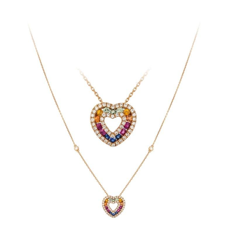 Modern Fashion Multi Sapphire Fine Jewellery Rose Gold Heart Necklace For Sale