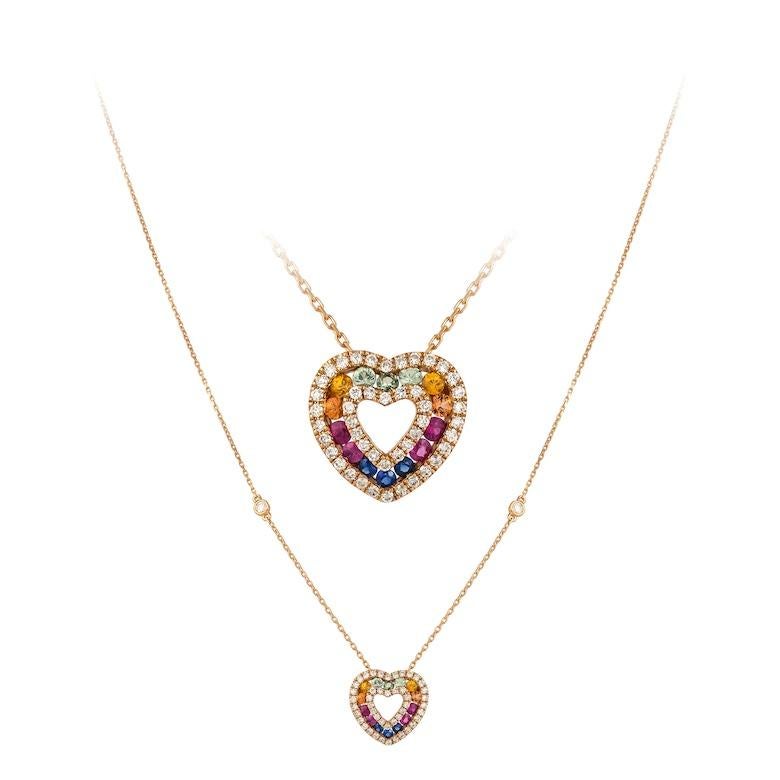 Fashion Multi Sapphire Fine Jewellery Rose Gold Heart Necklace In New Condition For Sale In Montreux, CH