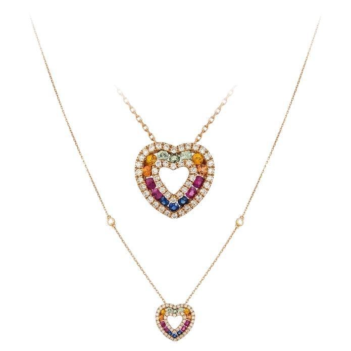 Fashion Multi Sapphire Fine Jewellery Rose Gold Heart Necklace For Sale