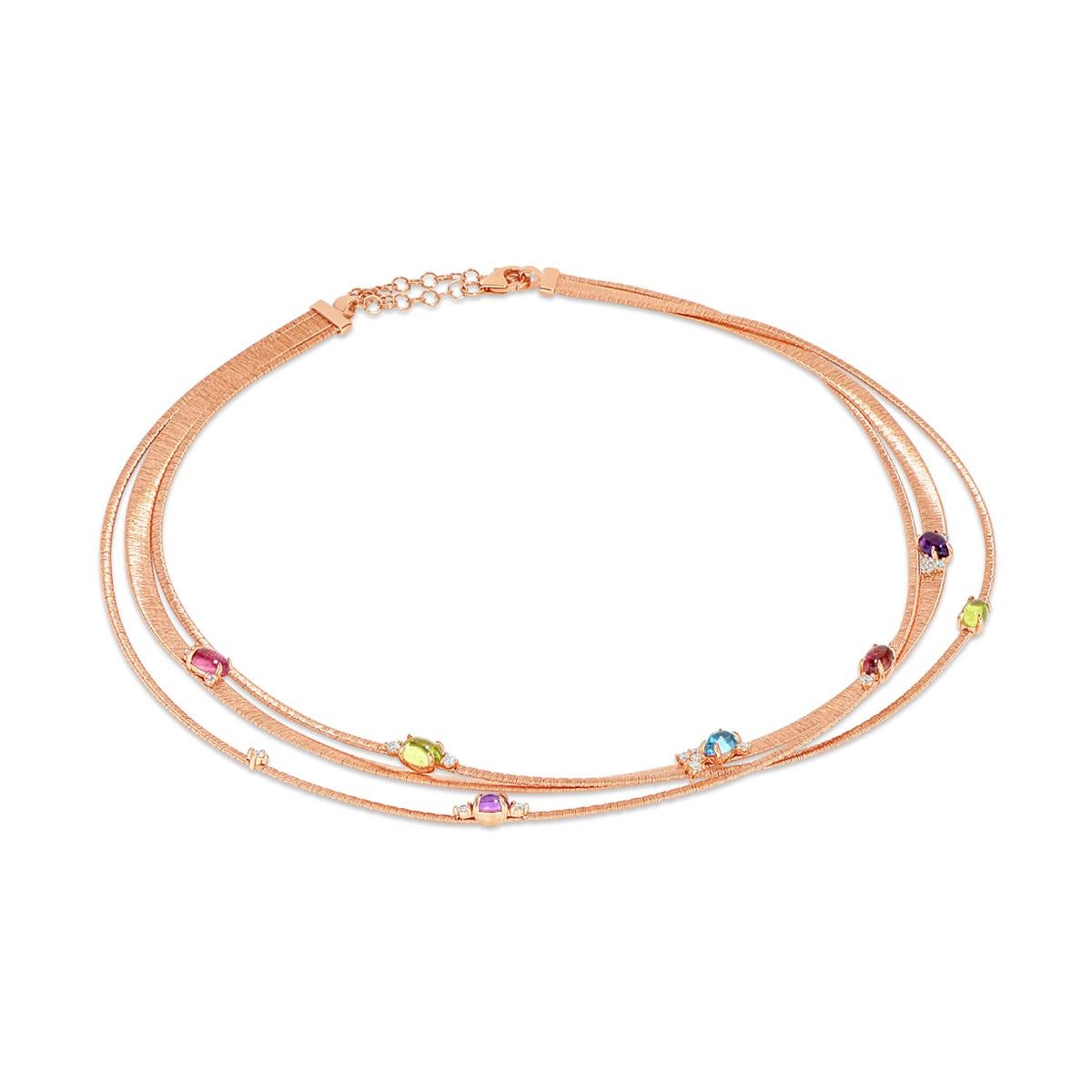 Our Multi-Strand Necklace in brushed 18K rose gold with semi-precious gemstones drops and white diamonds accents is perfect for a fun summer outfit. It will fit any colorful dress and any monochrome attire.
You can pair this contemporary necklace