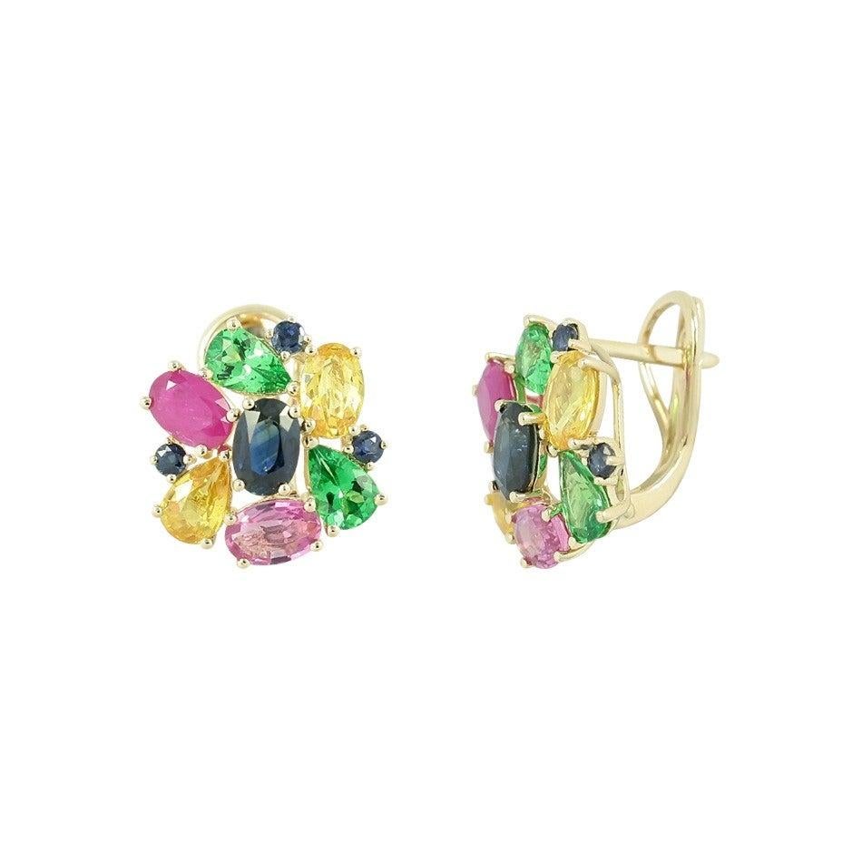 Fashion Pink / Yellow / Blue Sapphire Ruby Yellow Gold Earrings In New Condition For Sale In Montreux, CH