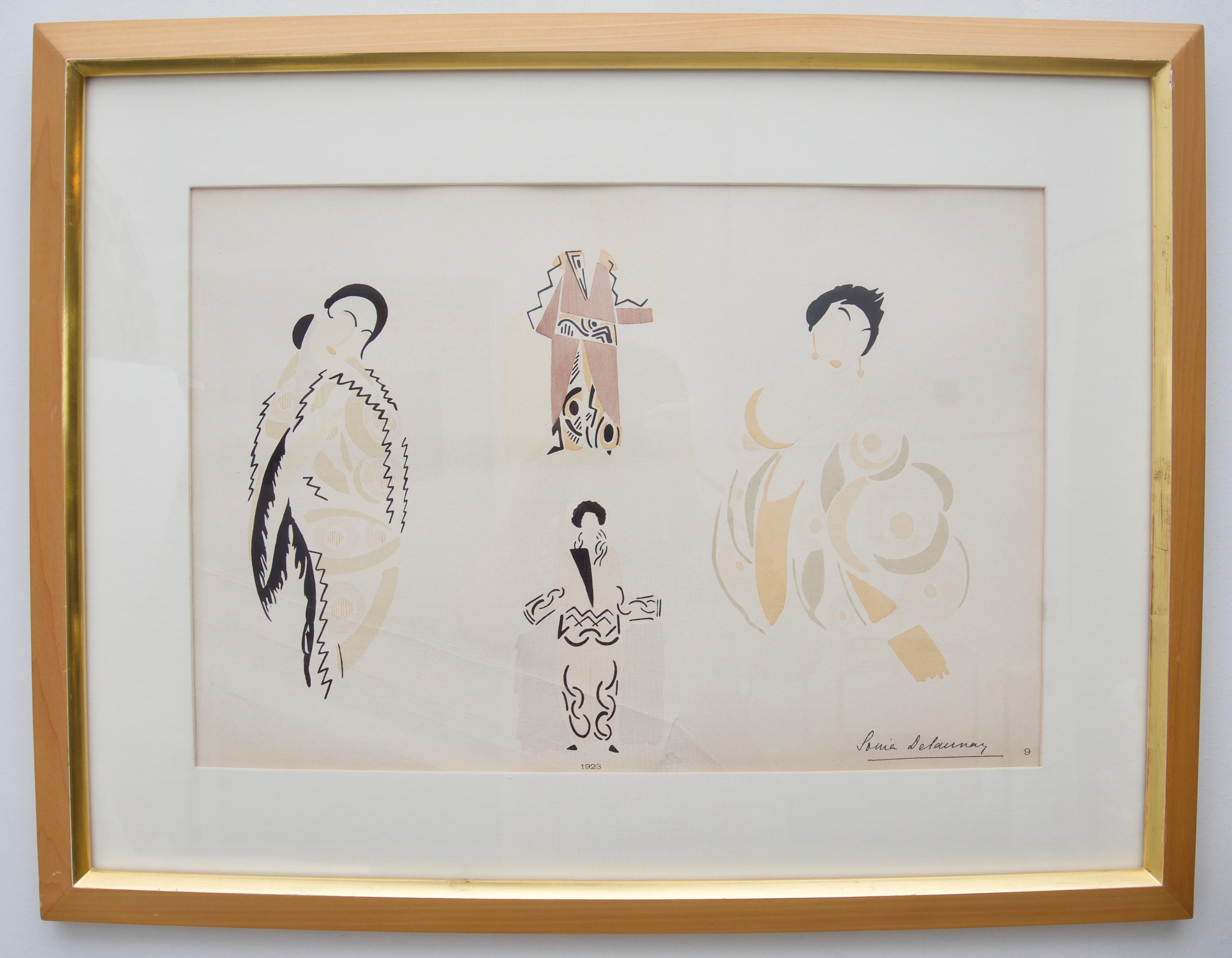 Diese stilvolle französische Art-Déco-Modegouache stammt aus dem Jahr 1923 und hat mit stilisierten asiatischen Details in den Kleidungsstücken eindeutig ein orientalisches Flair.

Über den Modedesigner: 
Sonia Delaunay verbrachte die meiste Zeit