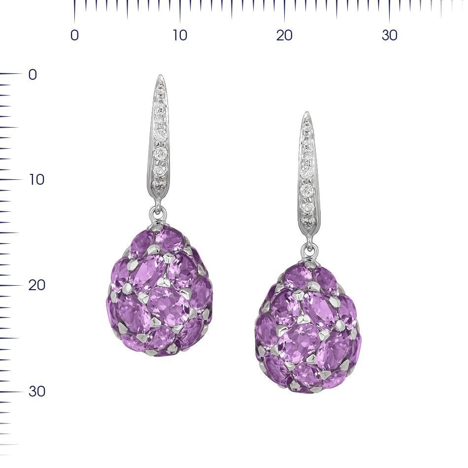 Earrings White Gold 18 K (Matching Necklace and Ring Available)
Diamond 8-Round 57-0,1-4/5A
Diamond 6-Round 57-0,04-4/5
Amethyst  16-Oval-3,09 2/2
Amethyst 16-Oval-6,33 3/2
Weight 8 grams

With a heritage of ancient fine Swiss jewelry traditions,