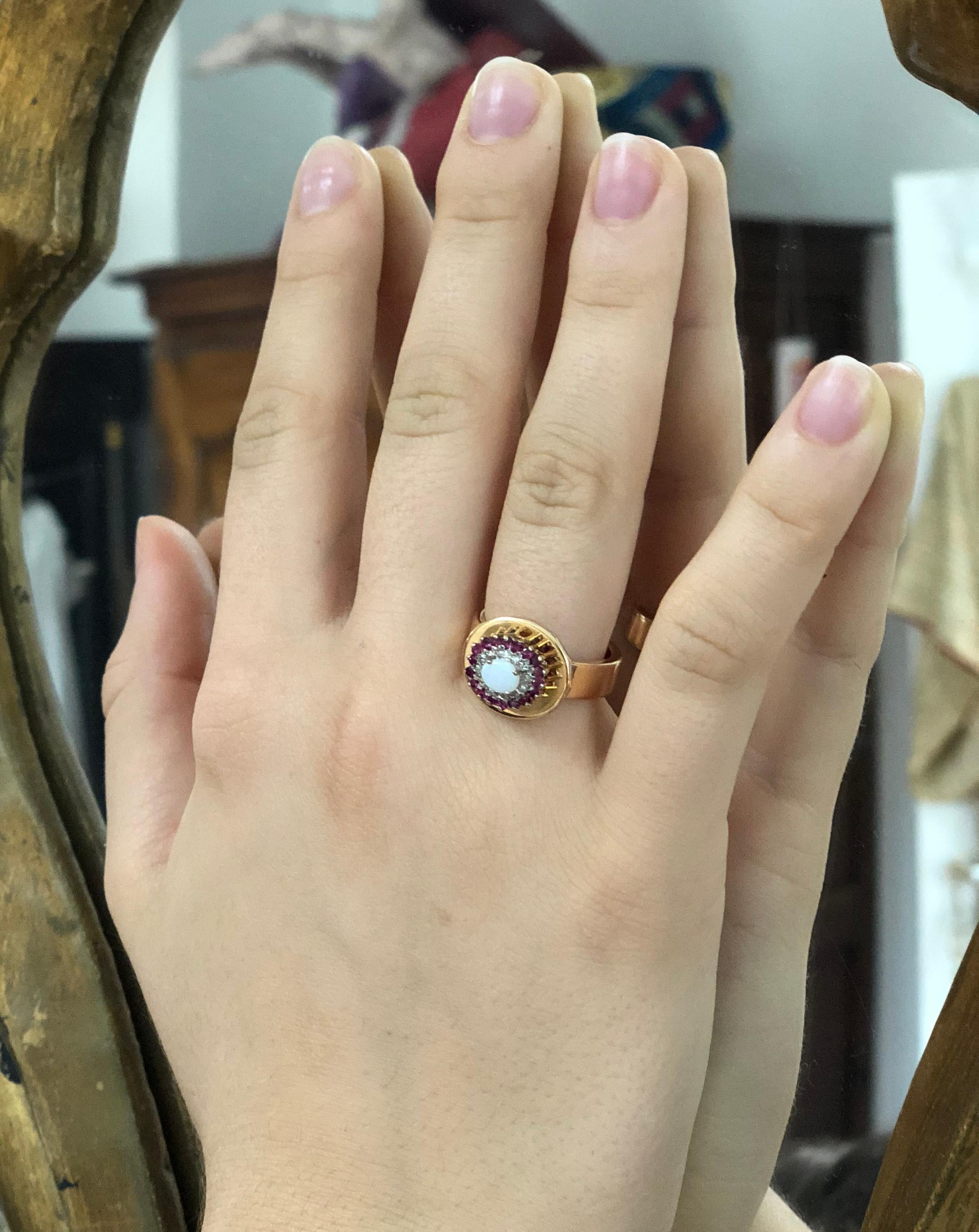 Oval Cut Fashion Ring Anne Bourat 1 Opale 8 Diamonds 18 Rubies Yellow Gold 18k Metric 54 For Sale