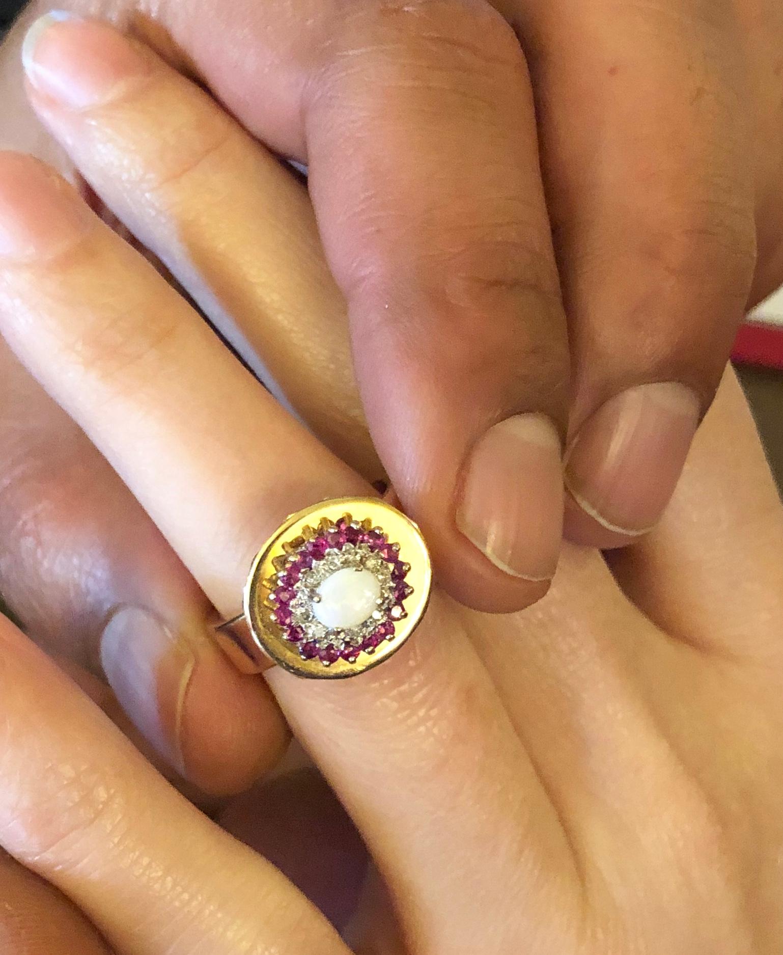 Women's or Men's Fashion Ring Anne Bourat 1 Opale 8 Diamonds 18 Rubies Yellow Gold 18k Metric 54 For Sale