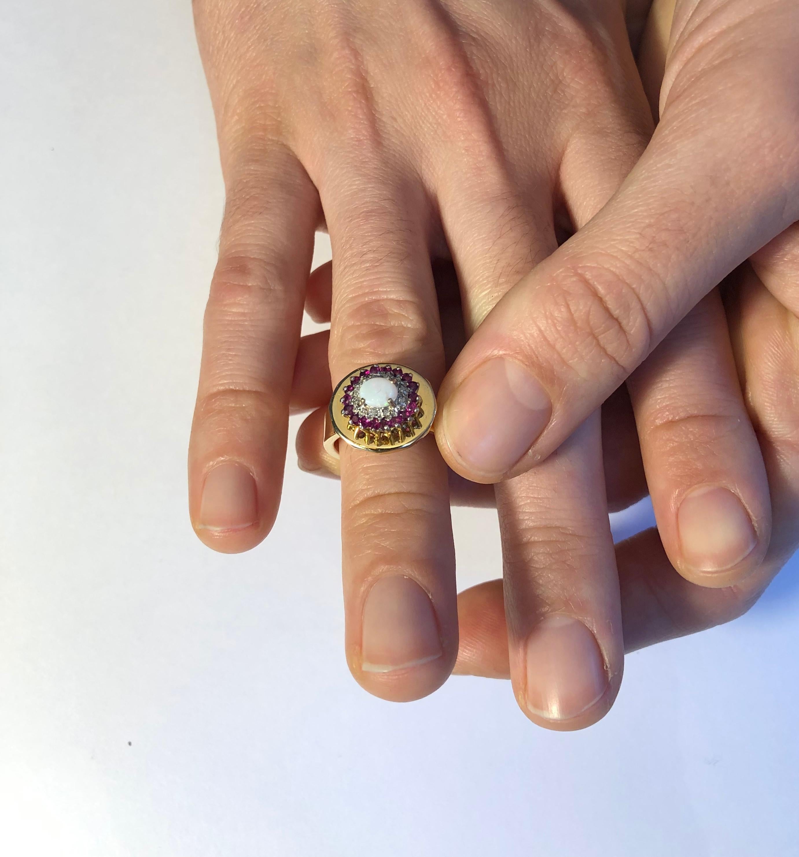 Fashion Ring Anne Bourat 1 Opale 8 Diamonds 18 Rubies Yellow Gold 18k Metric 54 For Sale 1