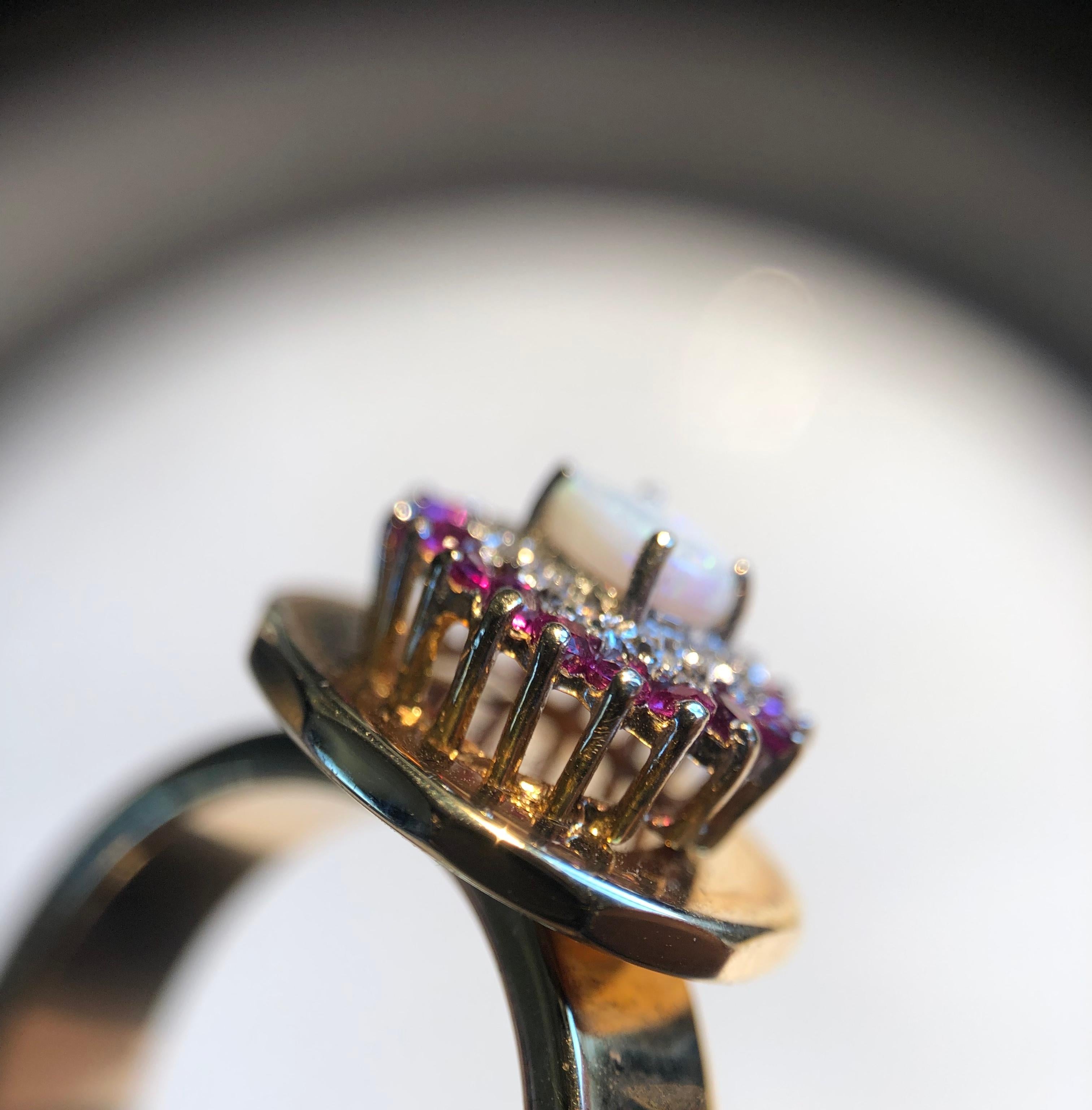 Fashion Ring Anne Bourat 1 Opale 8 Diamonds 18 Rubies Yellow Gold 18k Metric 54 For Sale 2