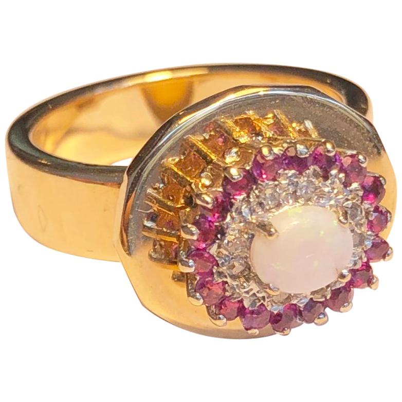 Fashion Ring Anne Bourat 1 Opale 8 Diamonds 18 Rubies Yellow Gold 18k Metric 54 For Sale