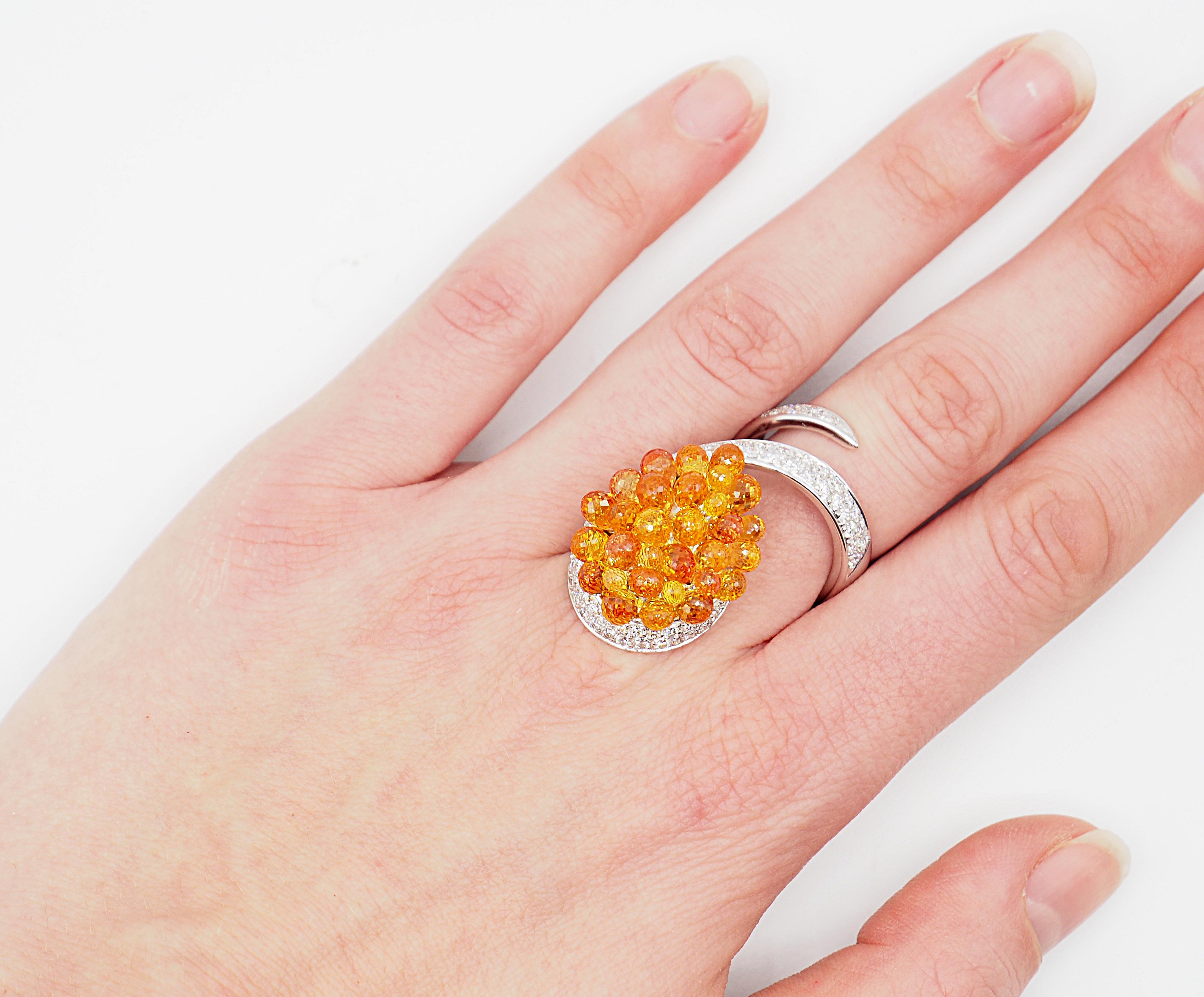 Contemporary Fashion Ring Briolette Cut Orange Sapphires, Diamonds Pave, White Gold For Sale