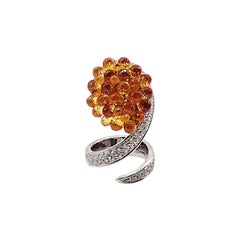 Fashion Ring Briolette Cut Orange Sapphires, Diamonds Pave, White Gold