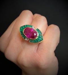 9.25 Not Heated Burma Ruby Certified White Pave Diamond  Emerald Cocktail Ring