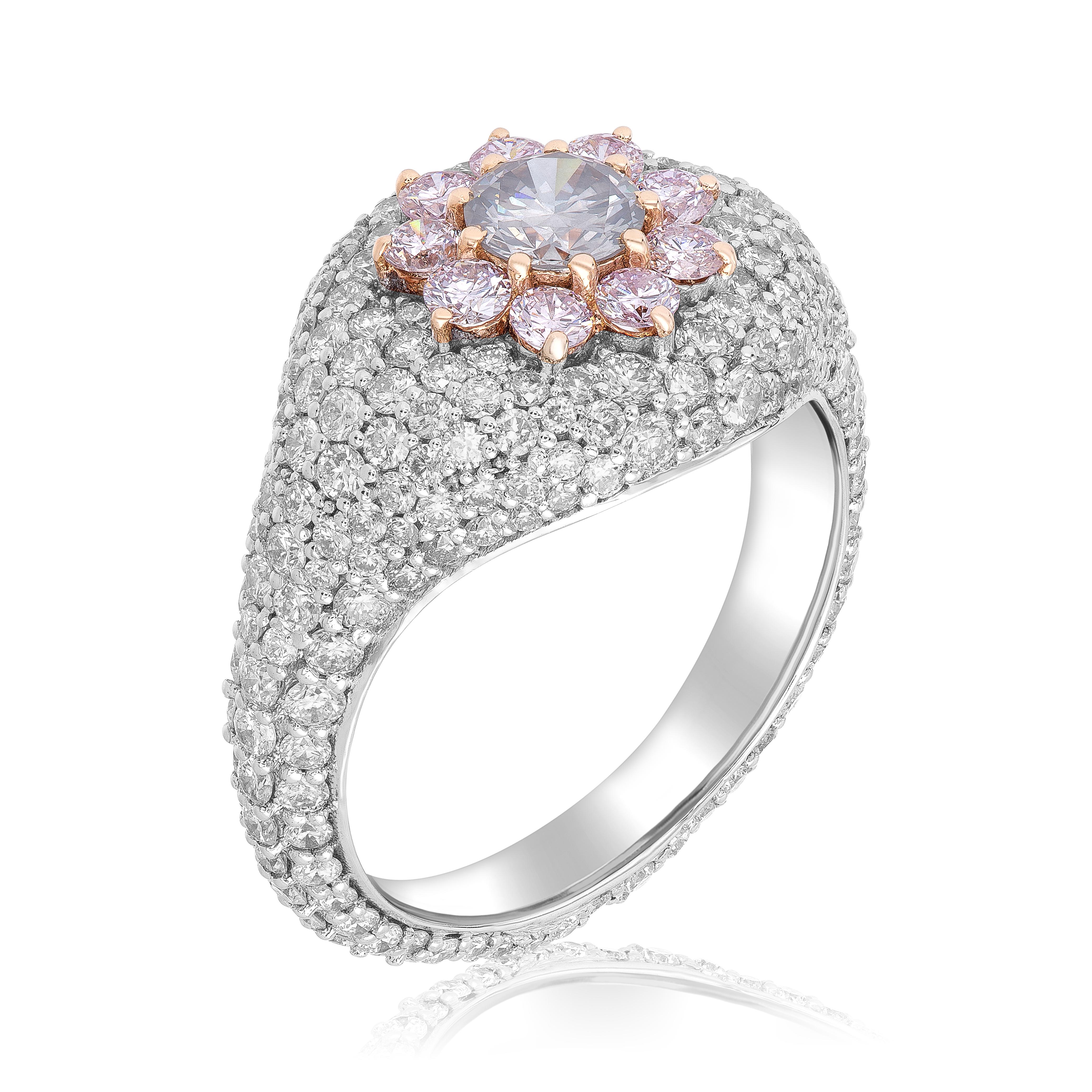 Contemporary Fashion Ring Featuring a Fancy Grayish Green Round & Pink Diamond 18k Gold Ring