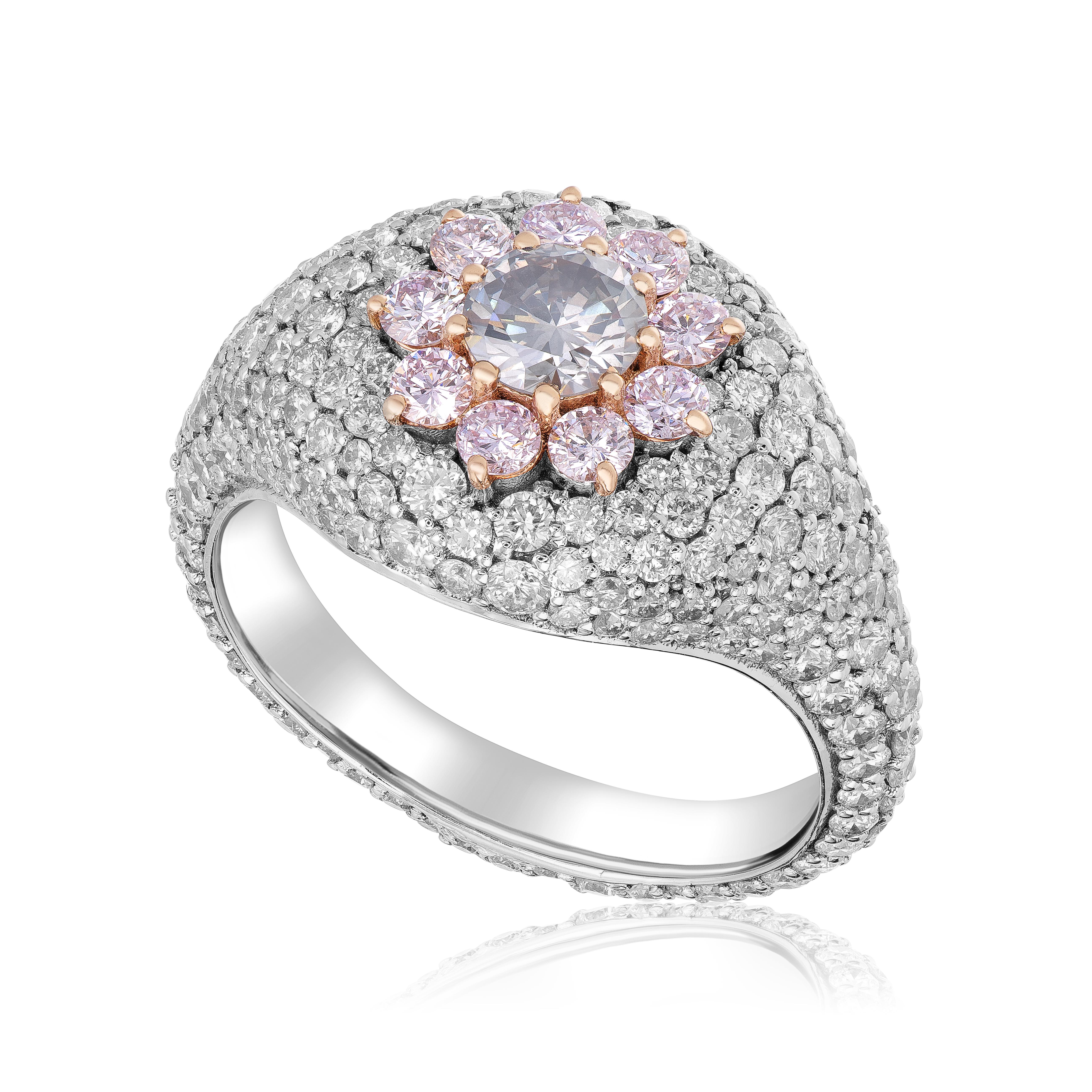 Round Cut Fashion Ring Featuring a Fancy Grayish Green Round & Pink Diamond 18k Gold Ring