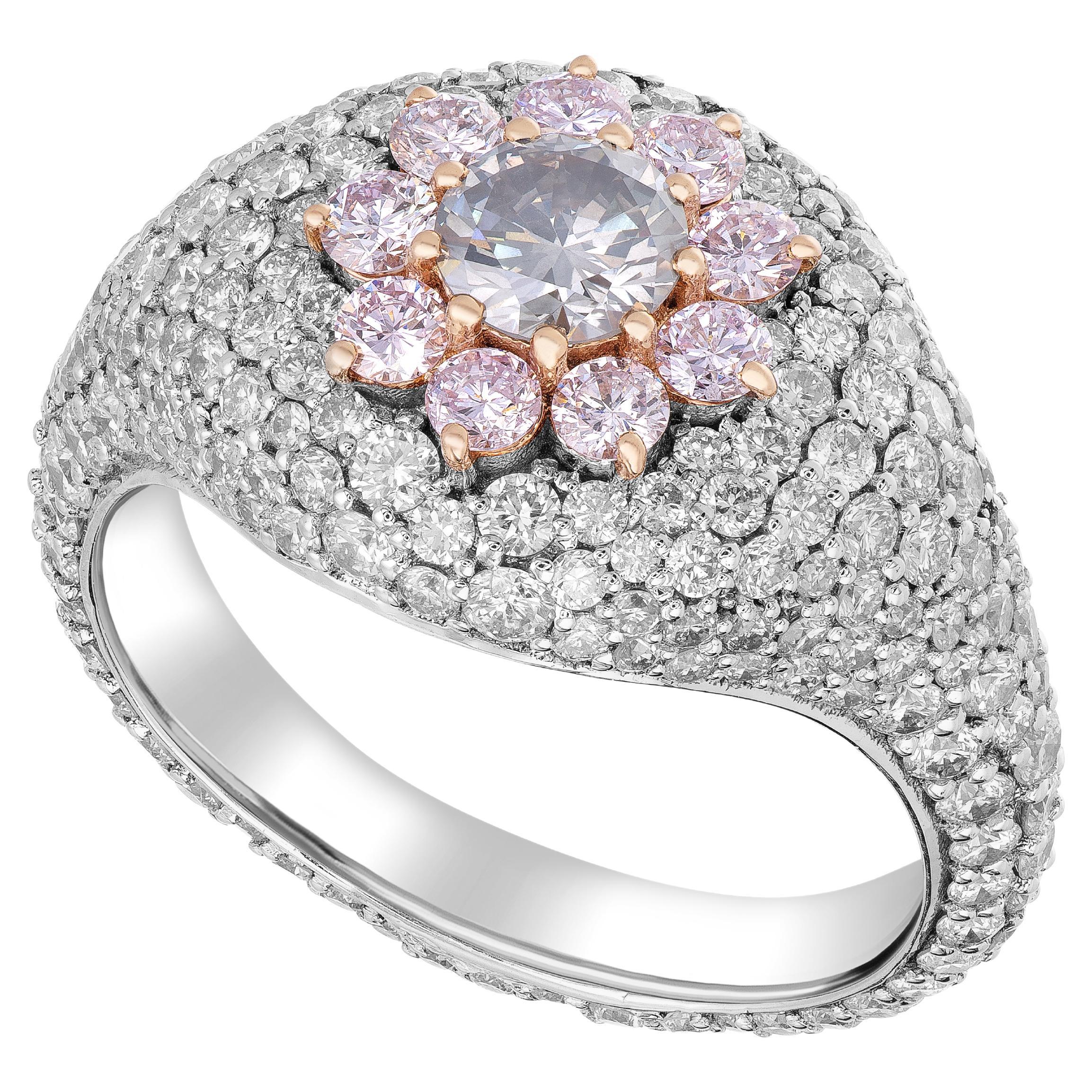 Fashion Ring Featuring a Fancy Grayish Green Round & Pink Diamond 18k Gold Ring