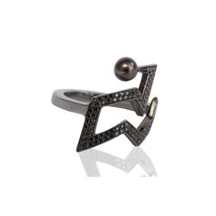 Cocktail Ring in Black Rhodium over Silver with Black Diamonds and Pearl