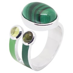 Contemporary Ring in Green Enamel on Sterling Silver with Malachite