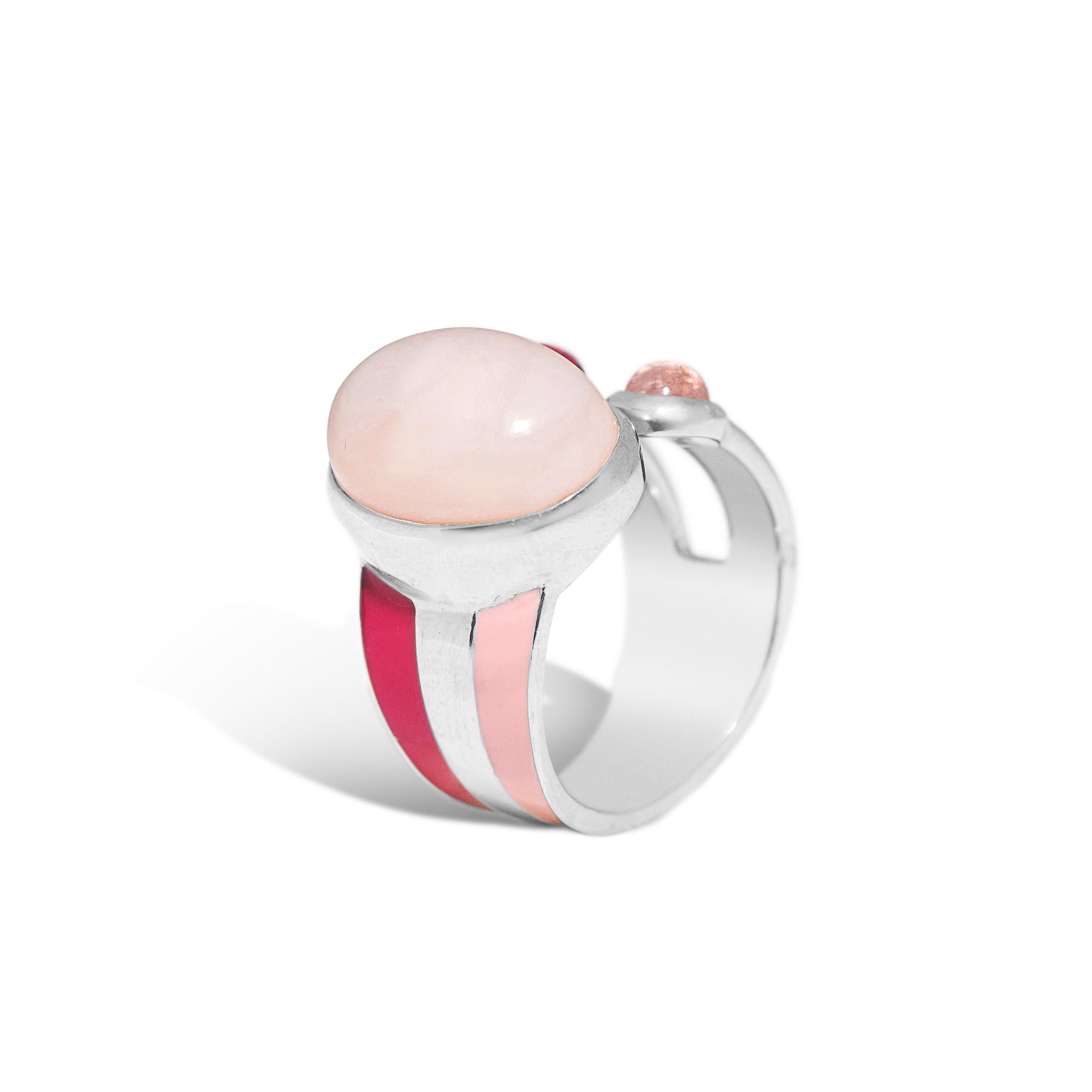 The Pink Striped Ring in polished sterling silver and pink enamel, set with pink tourmaline stones and pink agate
The design is inspired by the stripe pattern. We are all in love with stripes, so why not wearing striped jewellery too?
SIZE UKK 1/2