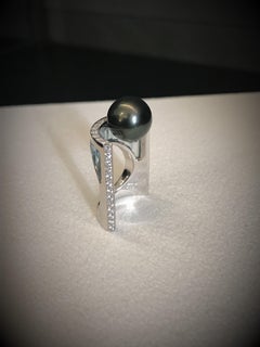Tahitian Black Pearl, Blue Topaz, Diamonds, White Gold Ring