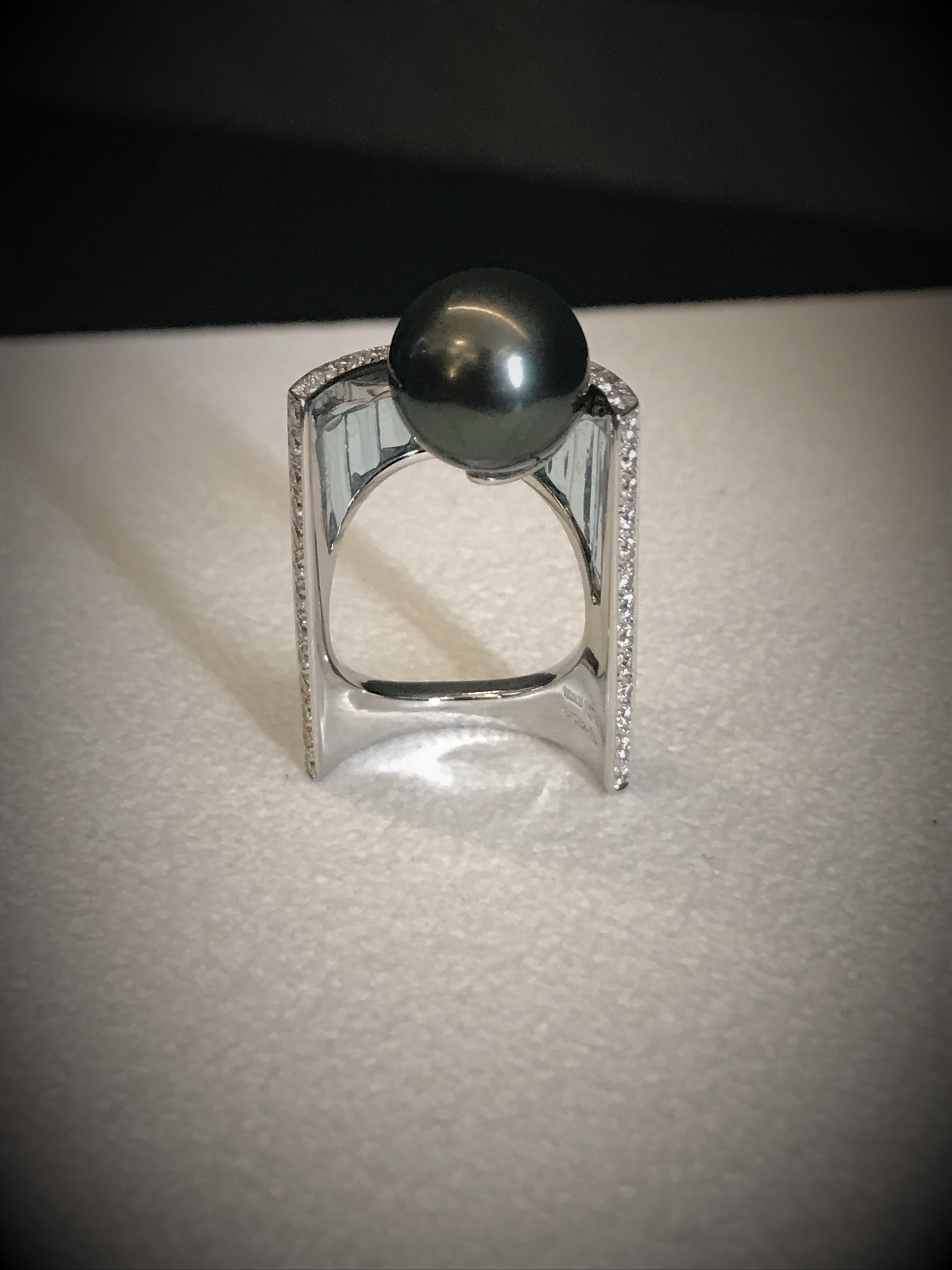 Contemporary Tahitian Black Pearl, Blue Topaz, Diamonds, White Gold Ring For Sale
