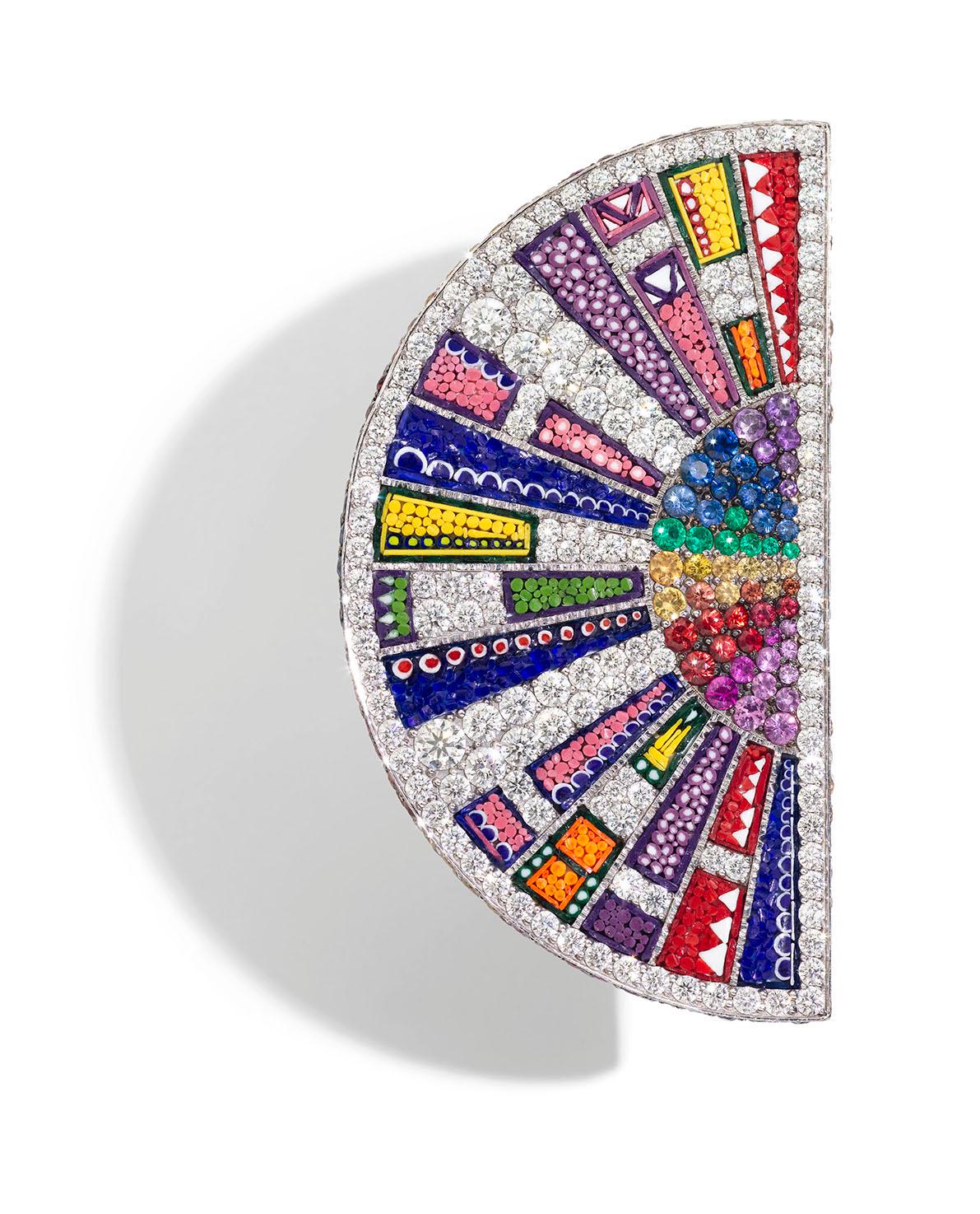 For Sale:  Fashion Ring White Gold White Diamonds Sapphires Emeralds Amethyst Micromosaic 2
