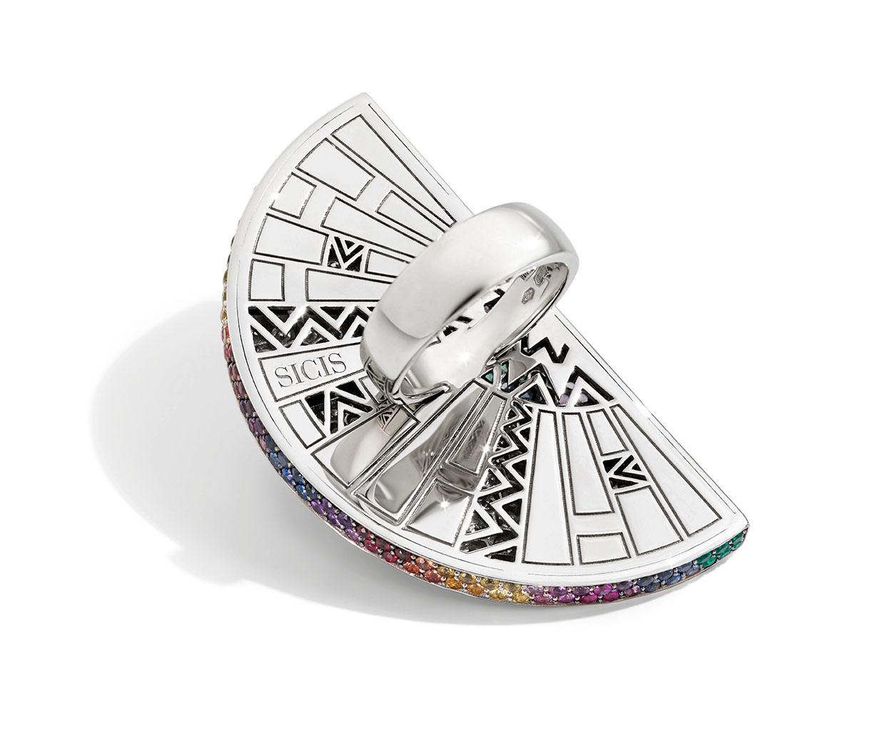 For Sale:  Fashion Ring White Gold White Diamonds Sapphires Emeralds Amethyst Micromosaic 3