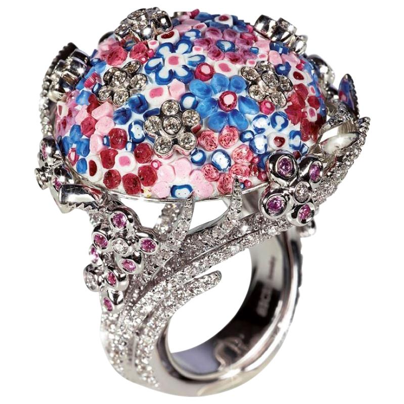 Fashion Ring White Gold White Diamonds Sapphires Hand Decorated with Micromosaic