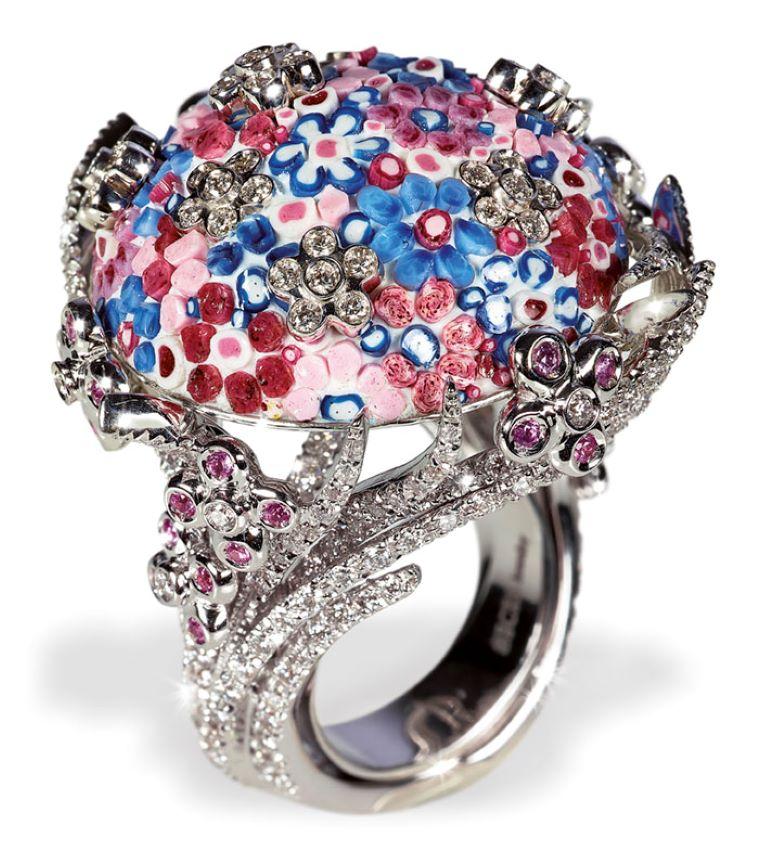Modern Fashion Ring White Gold White Diamonds Sapphires Hand Decorated with Micromosaic For Sale