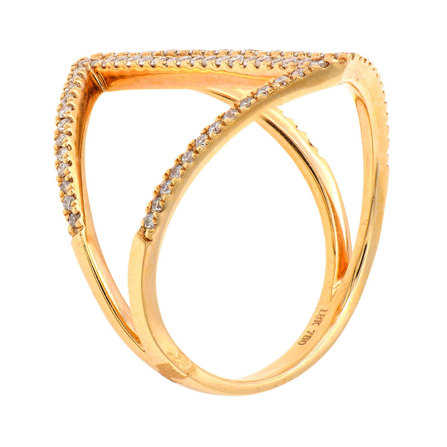 This unique fashionable ring is sure to get many compliments and enhance your look. Each ring is made from 3.4 grams of rose gold containing 86 round VS2, G color diamonds totaling 0.34 carats. Ring size 6.5 
