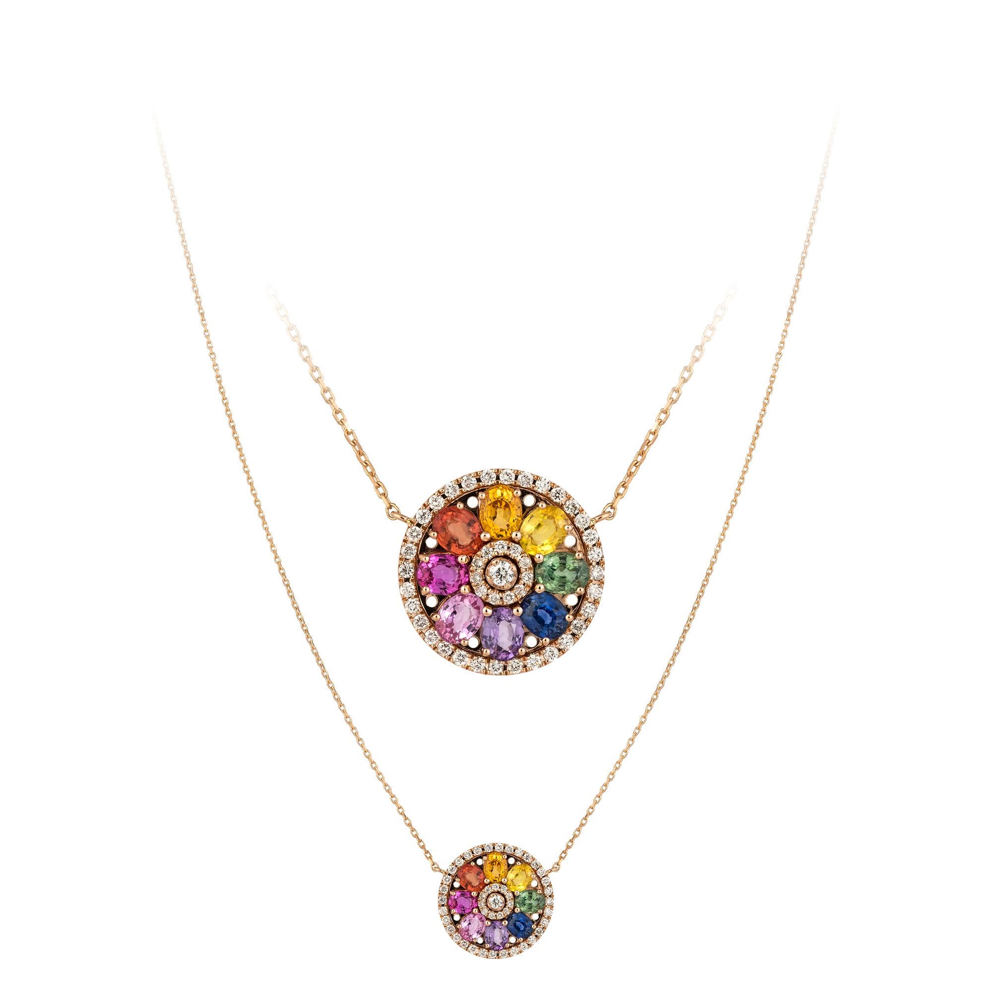 NECKLACE 18K Rose Gold 

Diamond 0.39 Cts/44 Pcs
Multi Sapphire 1.65 Cts/5 PCs
PP 0.32 Cts/1 Pcs
Ruby Gold 0.28 Cts/1 Pcs
BS 0.32 Cts/1 Pcs

With a heritage of ancient fine Swiss jewelry traditions, NATKINA is a Geneva based jewellery brand, which