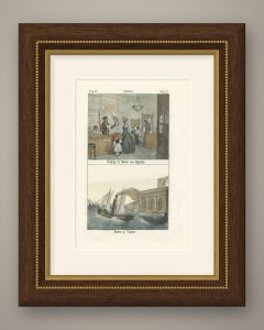 Fashion Shop with Fashion Plates and a Paddle Steamer, Hand Colored Print, 1842