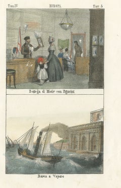 Fashion Shop with Fashion Plates and a Paddle Steamer, Hand Colored Print, 1842