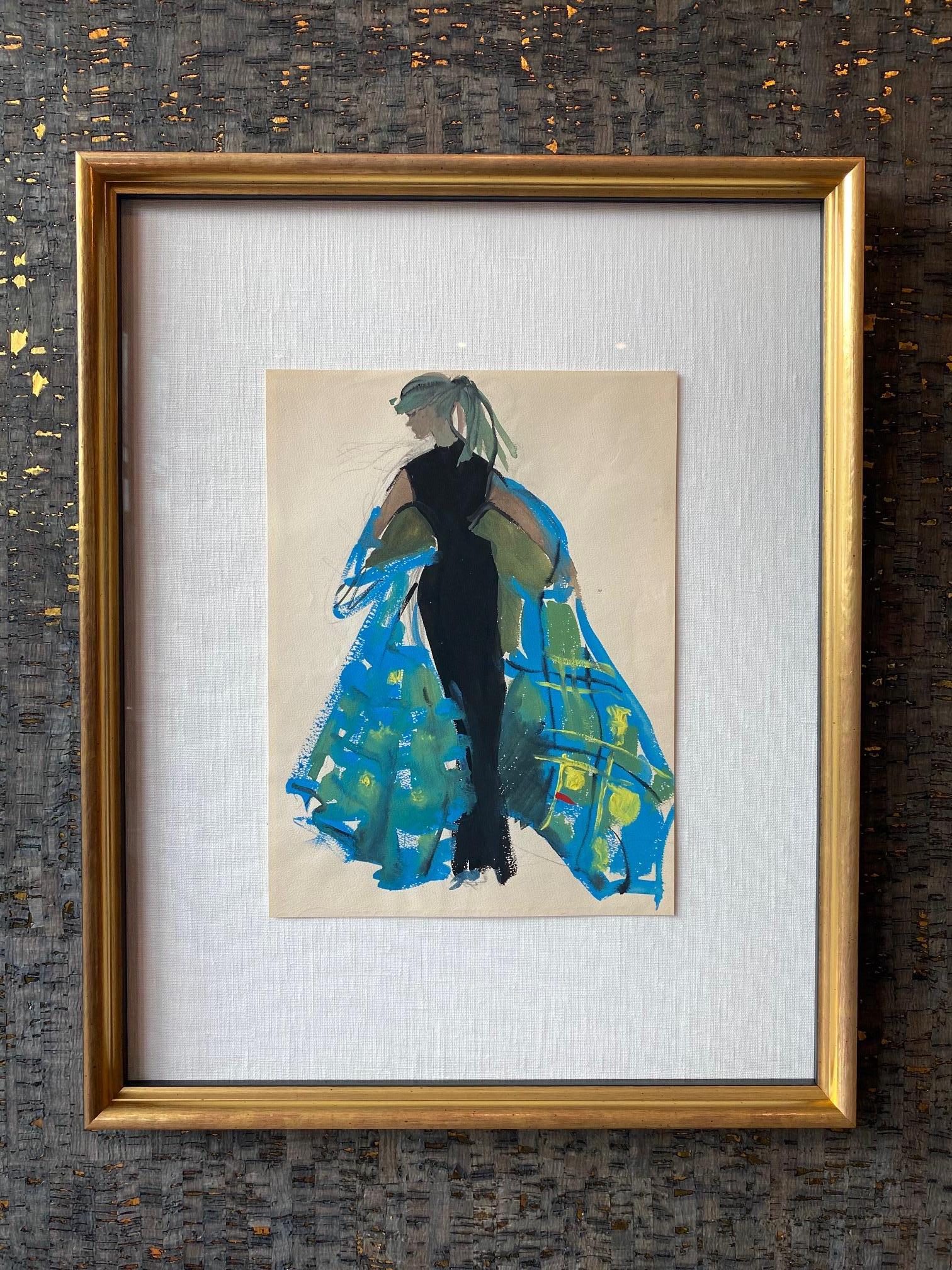 Gouache on paper fashion sketch by Ginette Roger, in new custom gilt frame.  France, 1940's