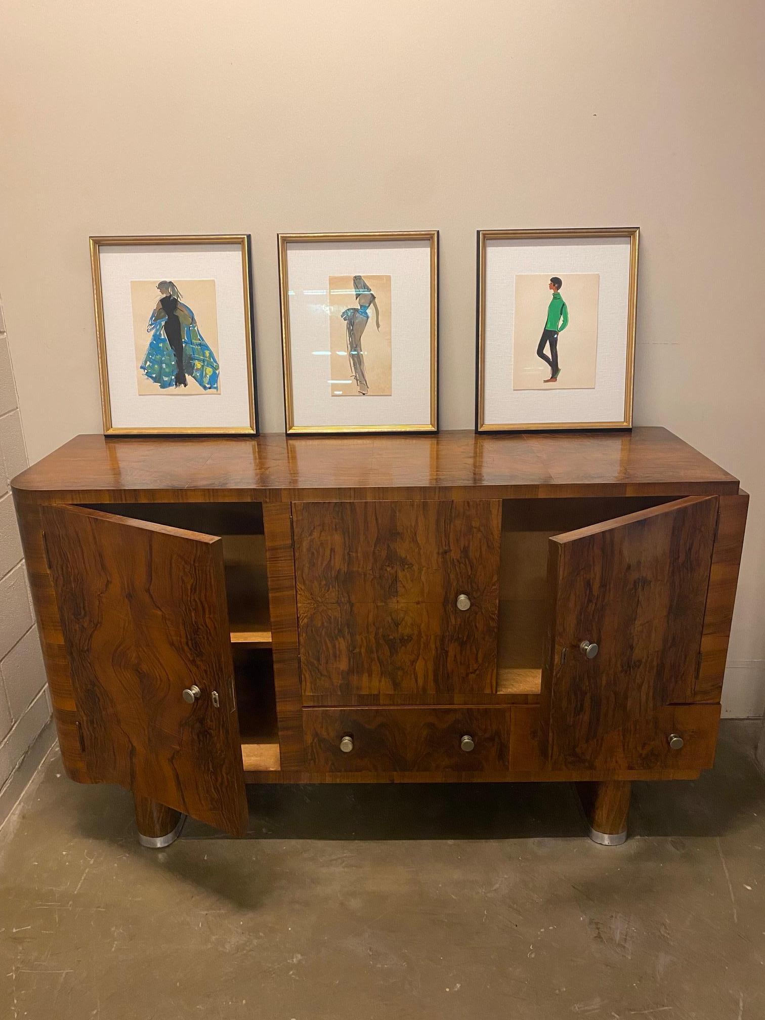 Gouache on paper fashion sketch by Ginette Roger, in new custom gilt frame.  France, 1940's