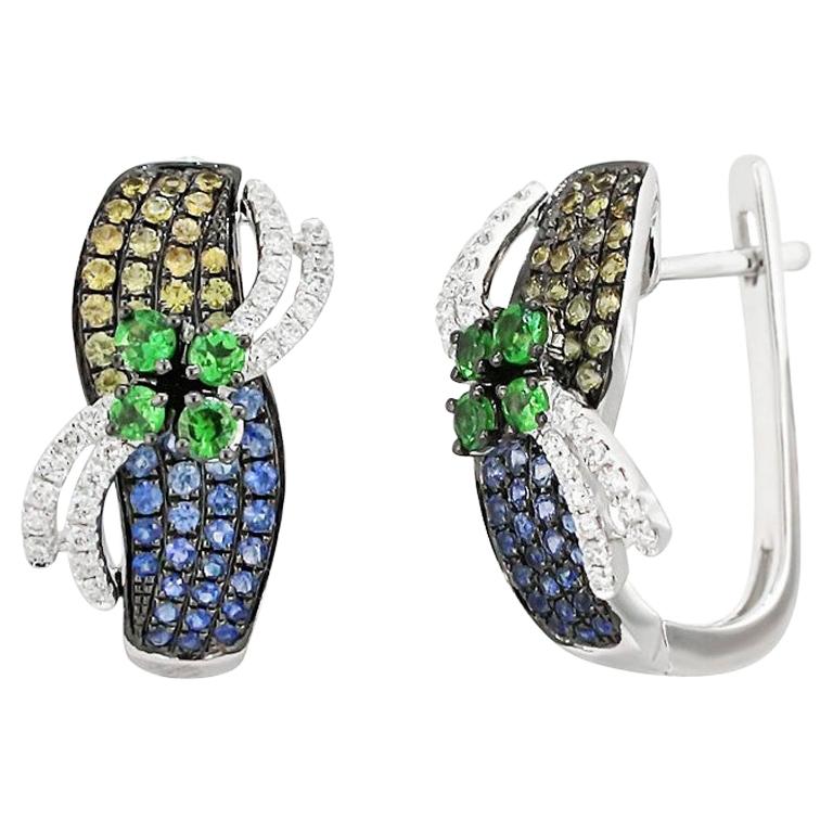 Boucles d'oreilles à la mode en or blanc avec tsavorite, saphir bleu, jaune et diamant