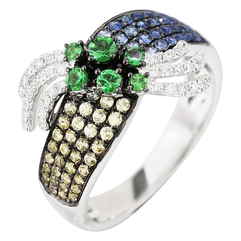 For Sale:  Fashion Tsavorite Blue Yellow Sapphire Diamond White Gold Ring