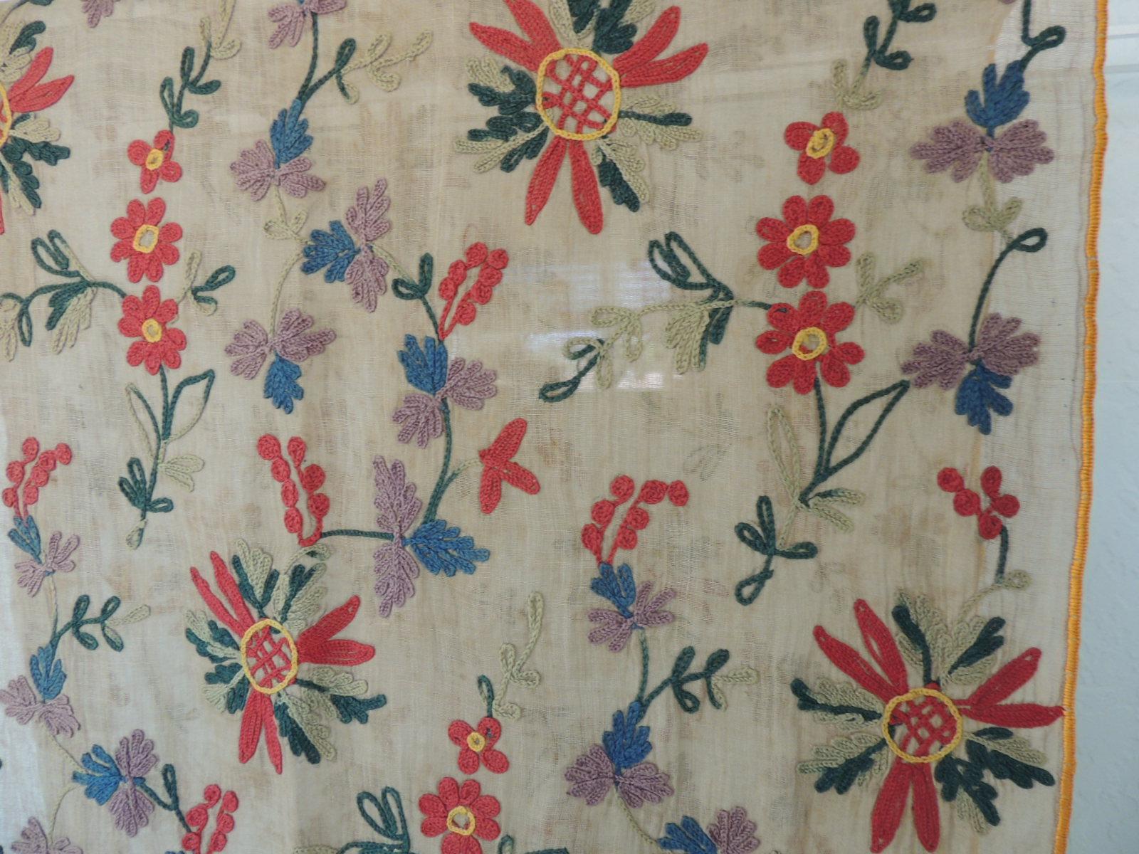 Vintage embroidered floral Indian cotton on sheer linen floral scarf
