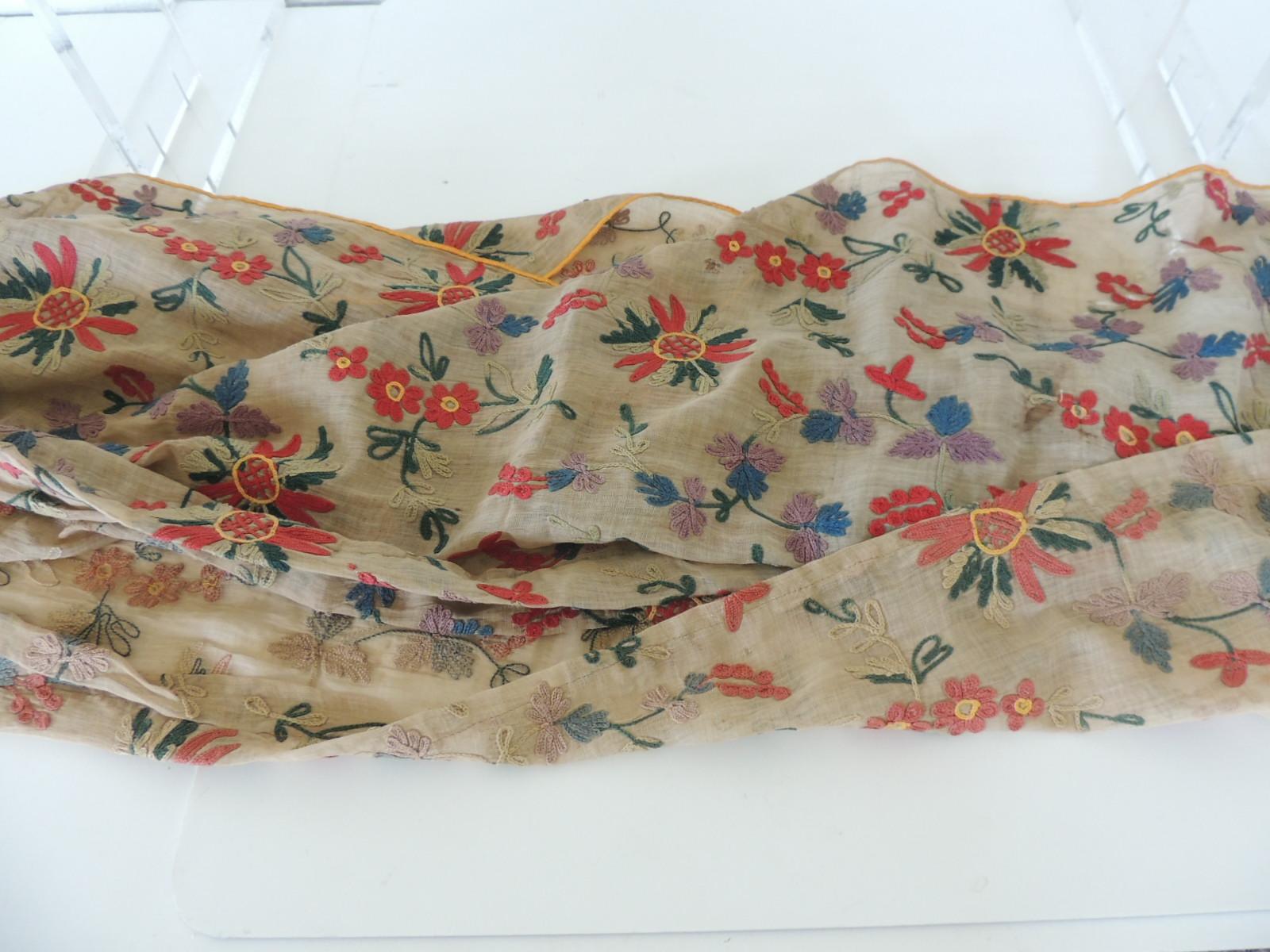 Turkish Fashion Vintage Embroidered Floral Indian Cotton on Sheer Linen Floral Scarf