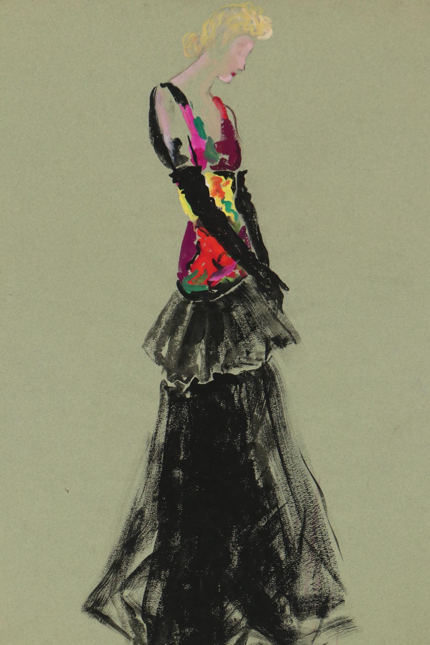 Expressionniste Peinture à l'aquarelle de mode d'une robe par Orval Hempler en vente