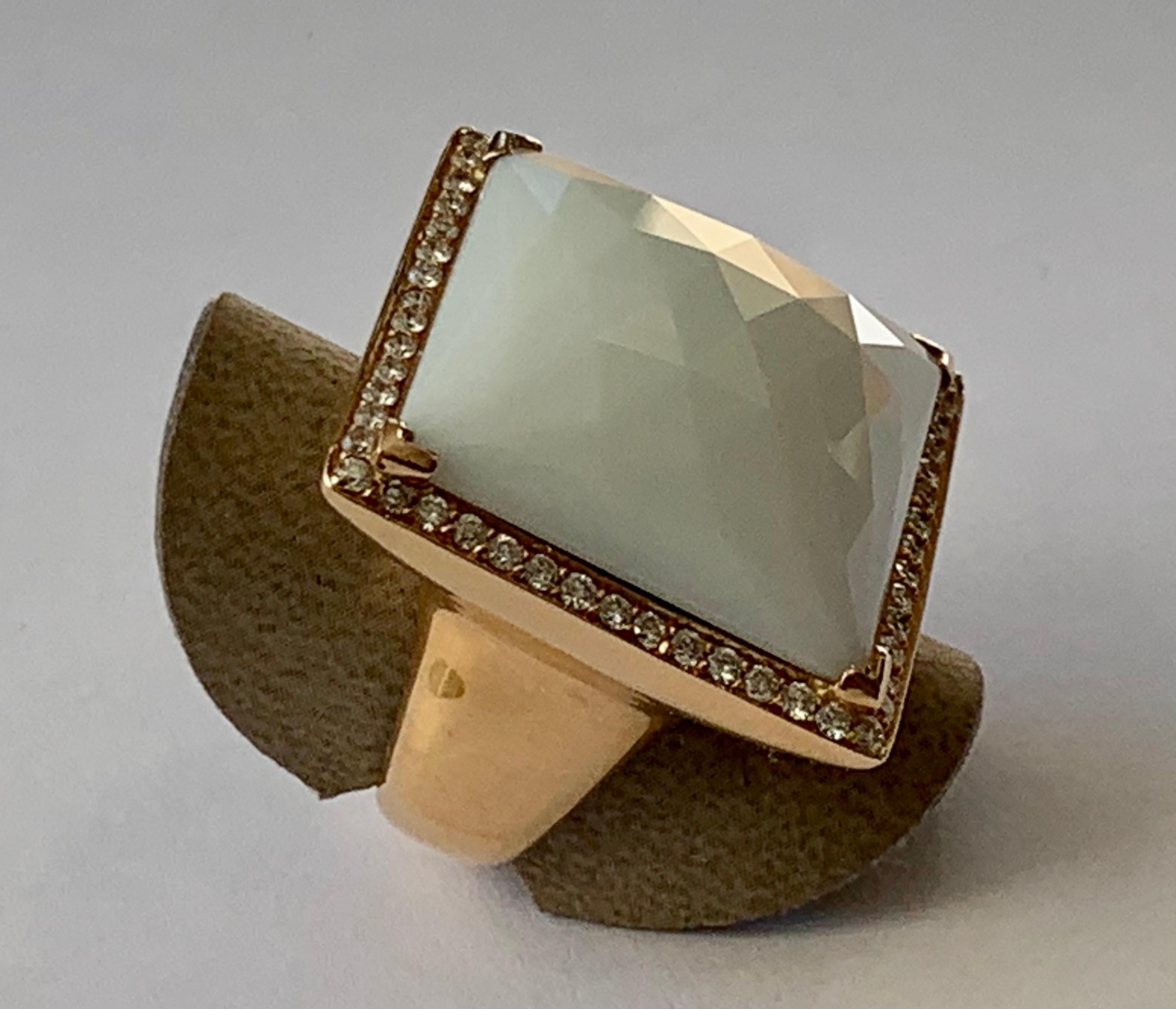 da uomo o donna Anello statement alla moda in oro rosa 18 carati con agata bianca e diamanti in vendita