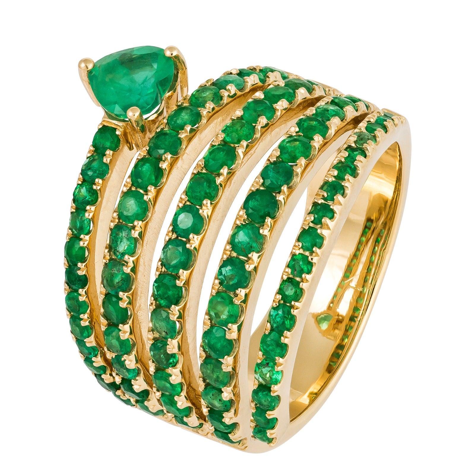 Fashionable and Stylish Emerald Yellow Gold Statement Ring for Her For Sale