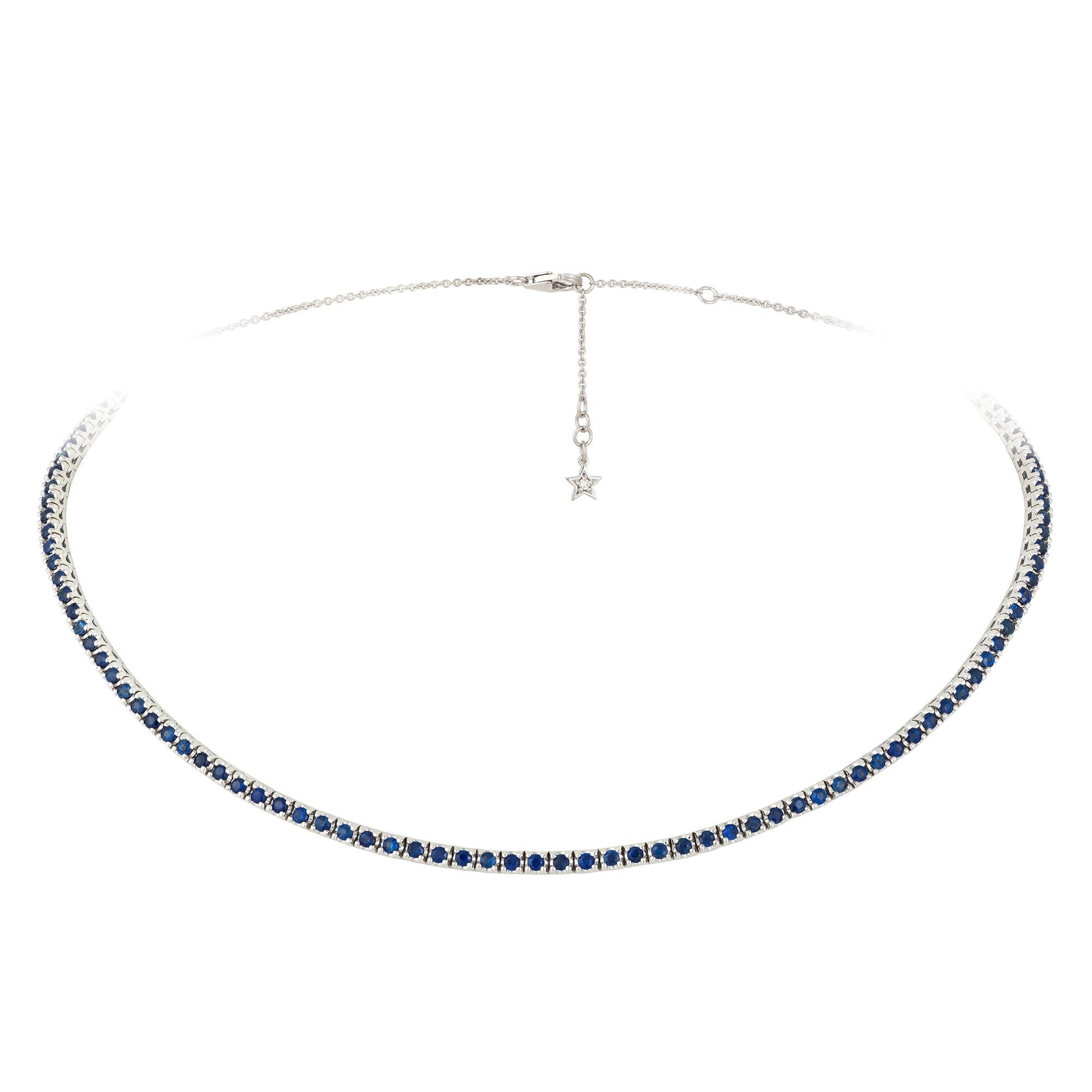 Necklace White Gold 18 K 
Diamond  0.03 Cts/1 Pcs
Blue Sapphire 2.50 Cts/81 Pcs

Weight 12,57 grams

With a heritage of ancient fine Swiss jewelry traditions, NATKINA is a Geneva based jewellery brand, which creates modern jewellery masterpieces