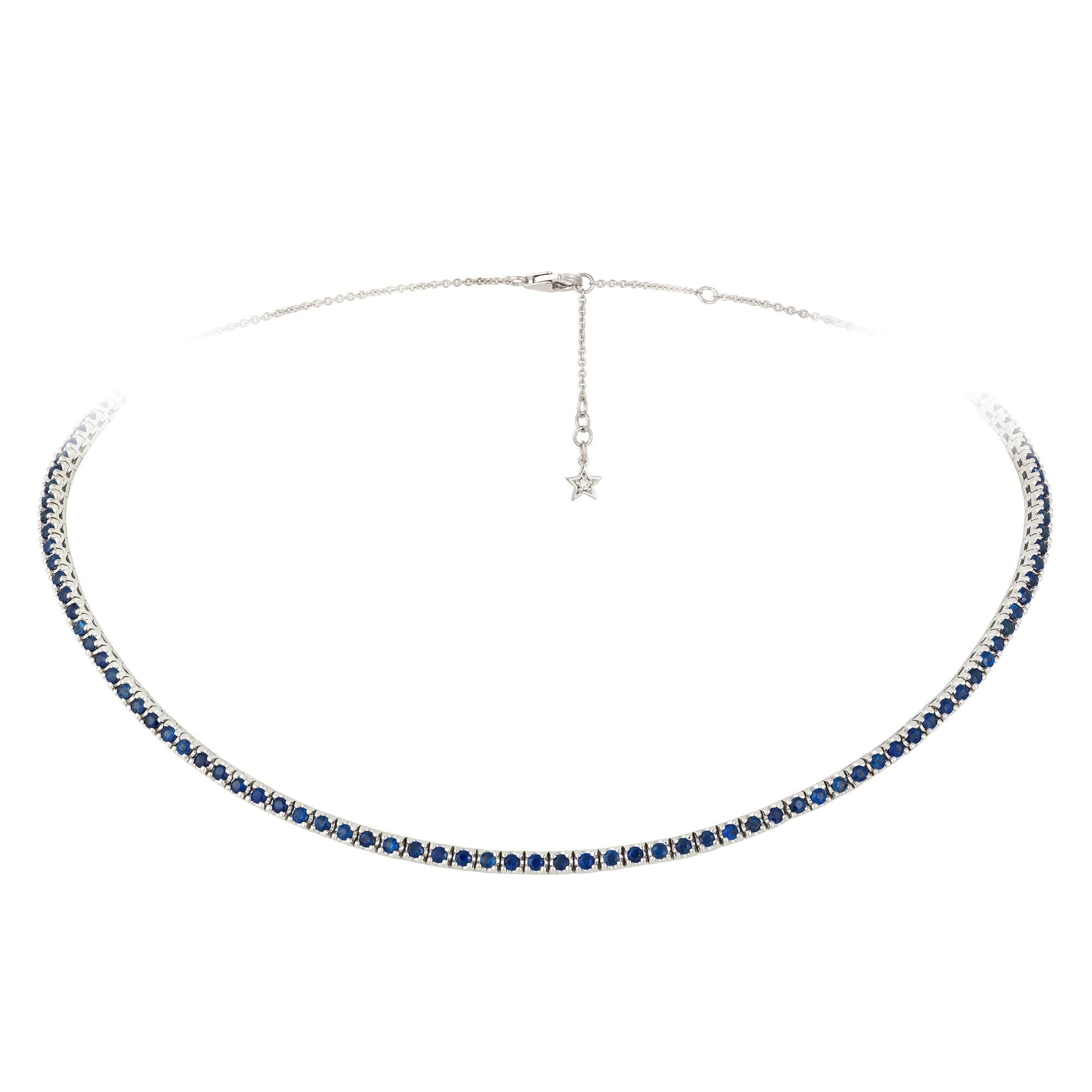 Fashionable Circle Blue Sapphire Diamond 18k White Gold Necklace Choker for Her For Sale