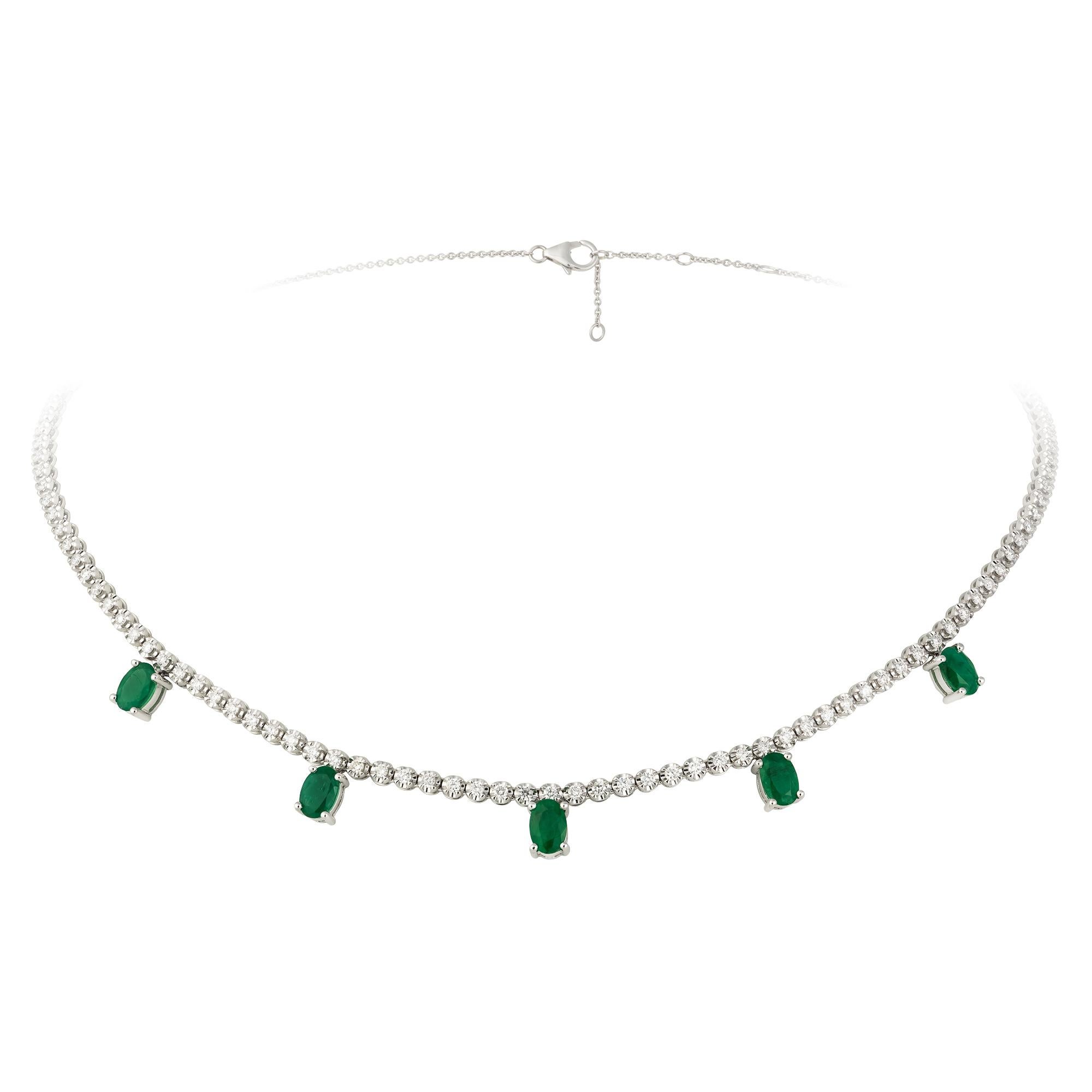 Necklace White Gold 18 K 

Diamond 1.17 Cts/83 Pcs
Emerald 2.18 Cts/5 Pcs
Weight 10,69 grams

With a heritage of ancient fine Swiss jewelry traditions, NATKINA is a Geneva based jewellery brand, which creates modern jewellery masterpieces suitable