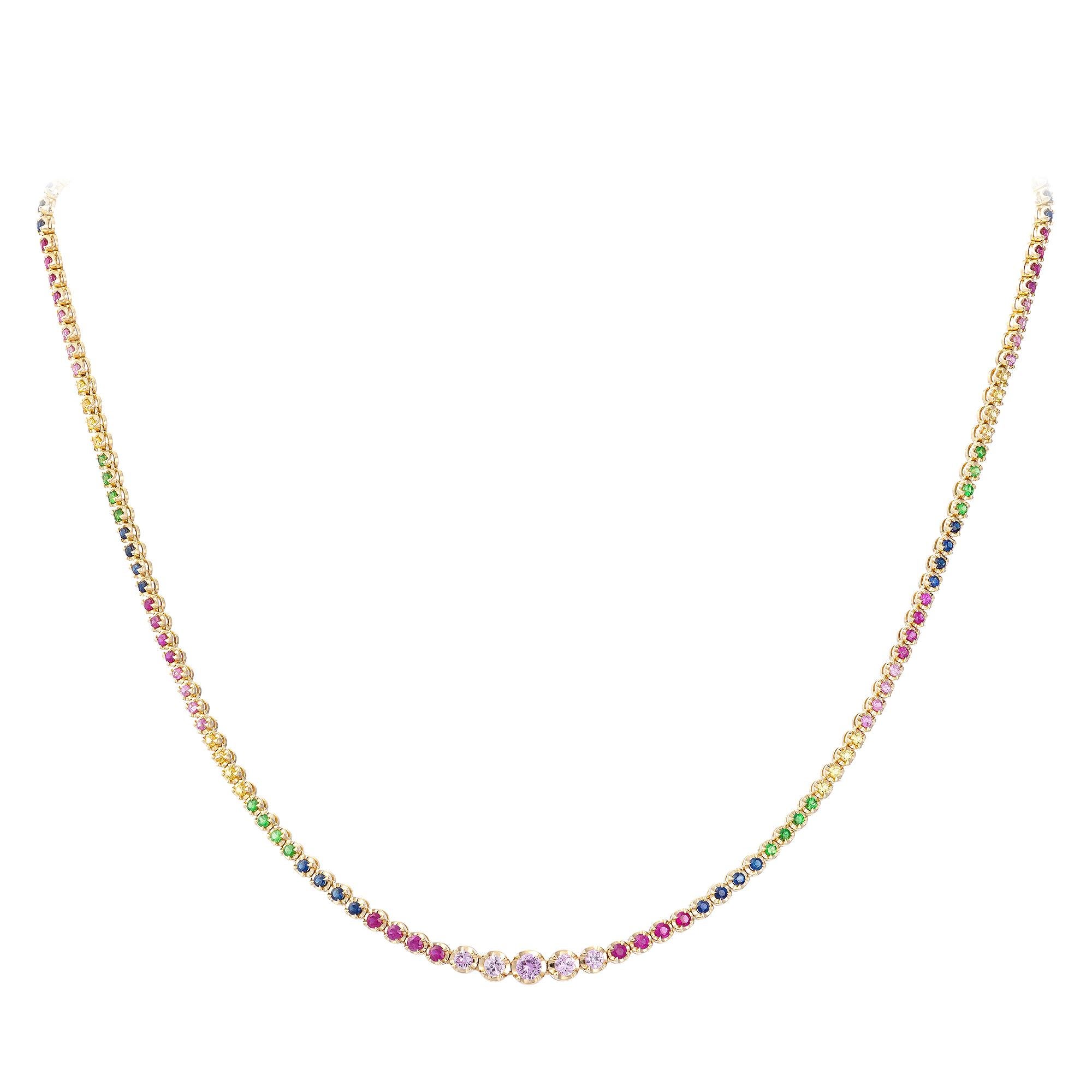 Necklace White Gold 18 K 

Multi Sapphire 3.43 Cts/ 154 Pcs

Weight 12,34 grams

With a heritage of ancient fine Swiss jewelry traditions, NATKINA is a Geneva based jewellery brand, which creates modern jewellery masterpieces suitable for every day