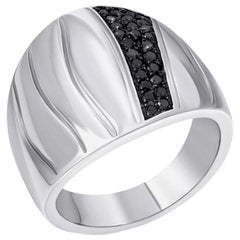 Fashionable Italian Black Diamond White Gold Statement Signet Ring for Her
