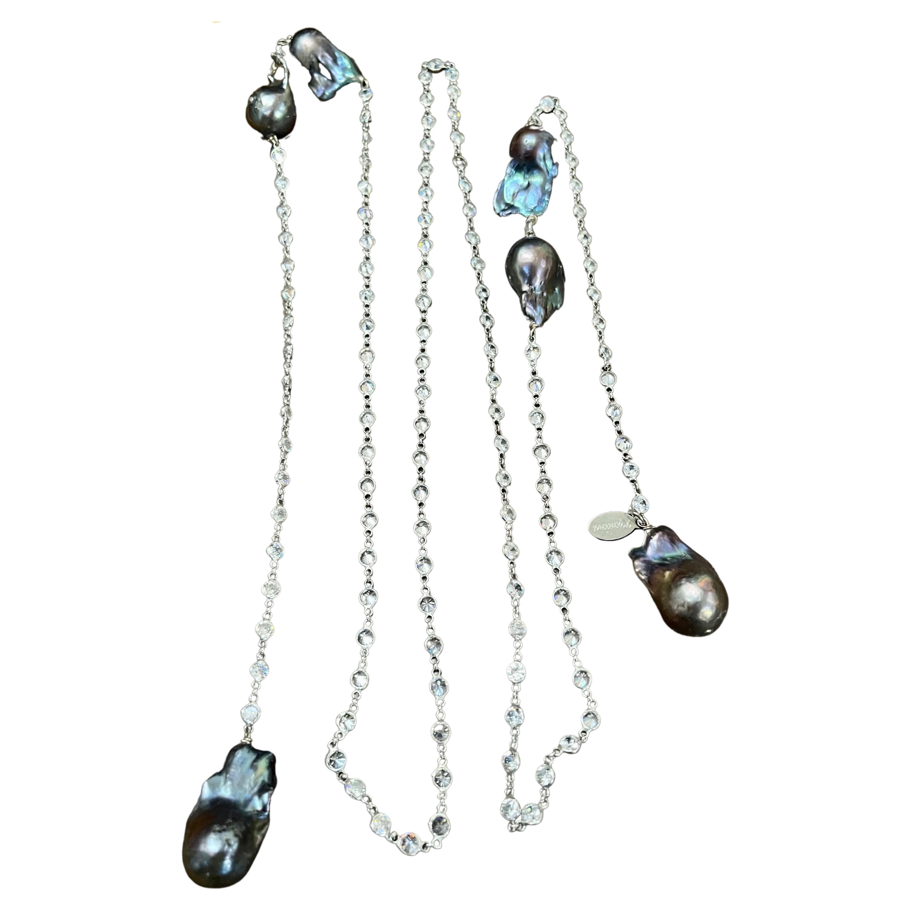 Fashionable Silver "CZ By Yard" & Black Baroque pearl Bridal  Necklace 50" Long For Sale