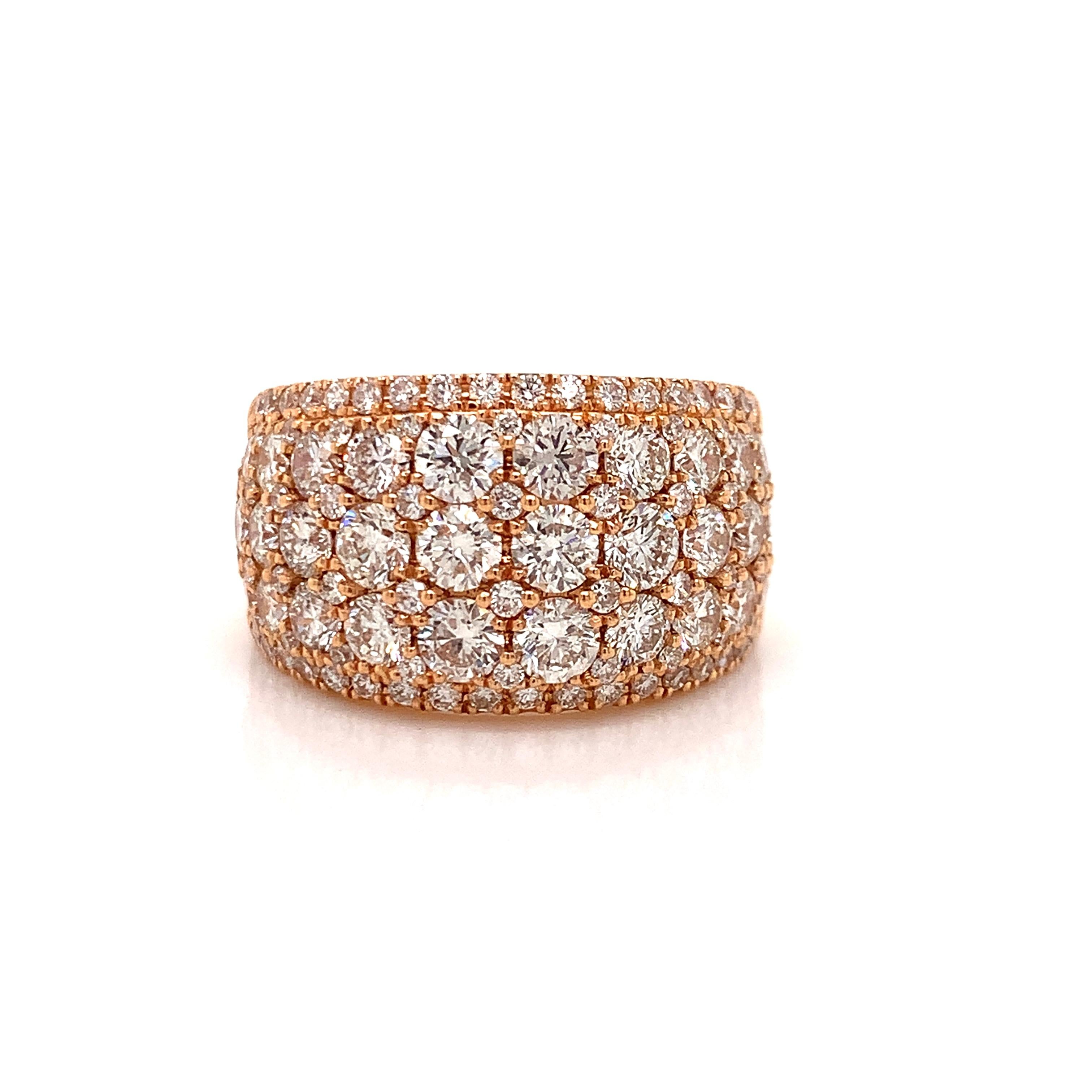 Sip your Rose all day with this designer band!  Beautiful craftsmanship goes into this substantial ring.   3.65 cttw in round diamonds set in 9.90 grams of 18Kt rose gold. Your hand will sparkle withVS-SI in clarity and G-H in color diamonds on this