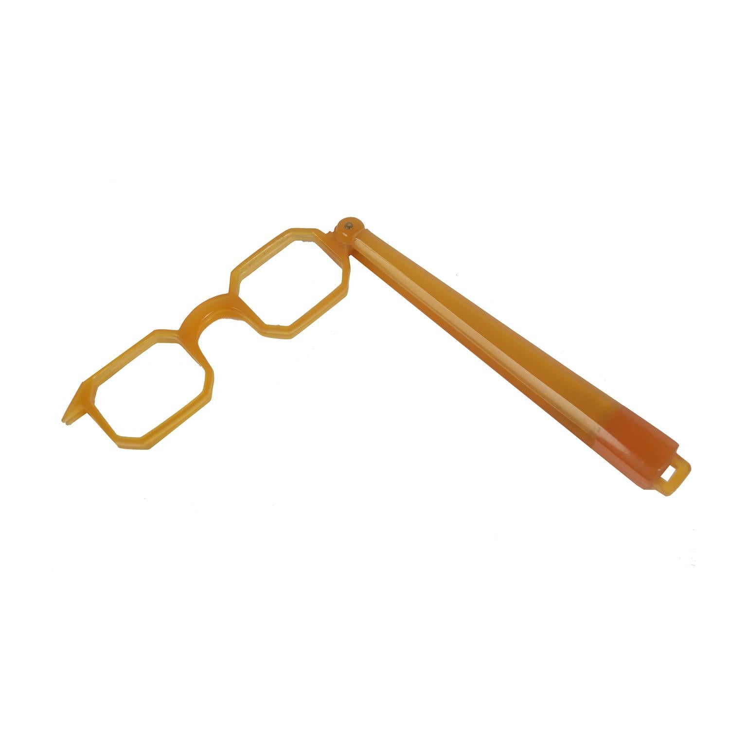 Double fassamano eyeglasses (from the French face-en-main), made with a double articulated eyewear, one with lenses and one without, mounted on the upper part, signed Lugene, made of Bakelite, blonde tortoise colour. Glasses width 10.5 cm, height 3